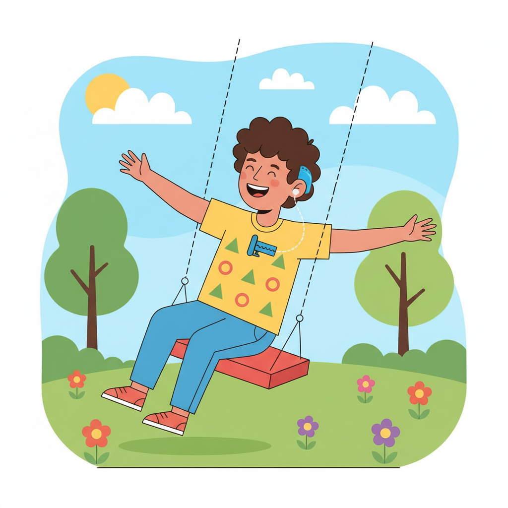 A dynamic flat illustration of a person, possibly a child or an active adult, wearing a hearing aid securely fastened with a clip and band system. The band visibly attaches the hearing aid to the collar or clothing, preventing it from falling. The person is engaged in a light activity, like playing or gently moving, showcasing how the security system keeps the device safe during daily routines. Bright, friendly colors and clean lines illustrate practicality.