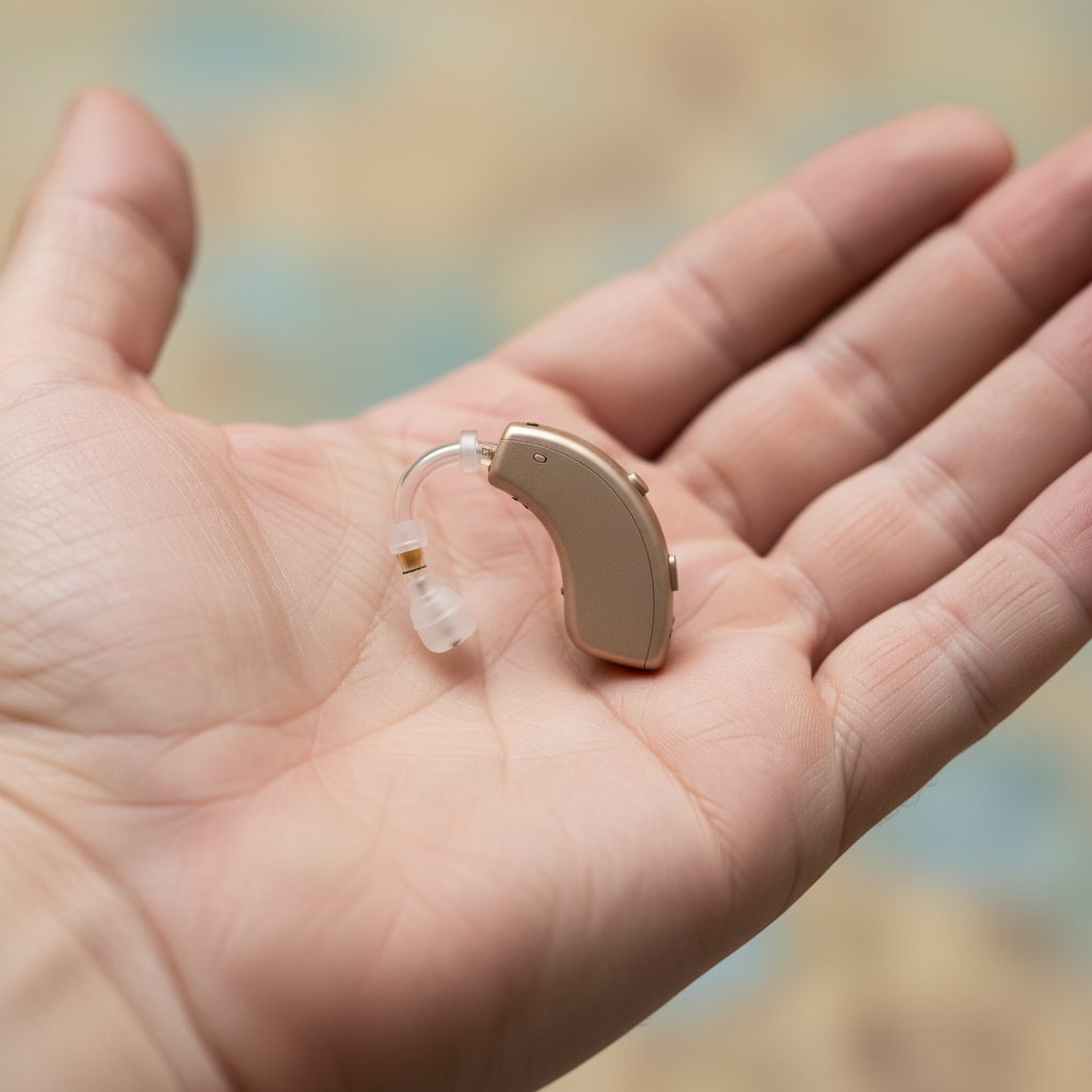 A high-quality, professional macro photograph of a modern, discreet hearing aid nestled gently in the open palm of an adult's hand. The intricate details of the device are sharp and clear, highlighting its small size, technological sophistication, and delicate nature. The background is a soft, out-of-focus blur, enhancing the focus on the hearing aid itself and conveying its preciousness and vulnerability if not properly secured.