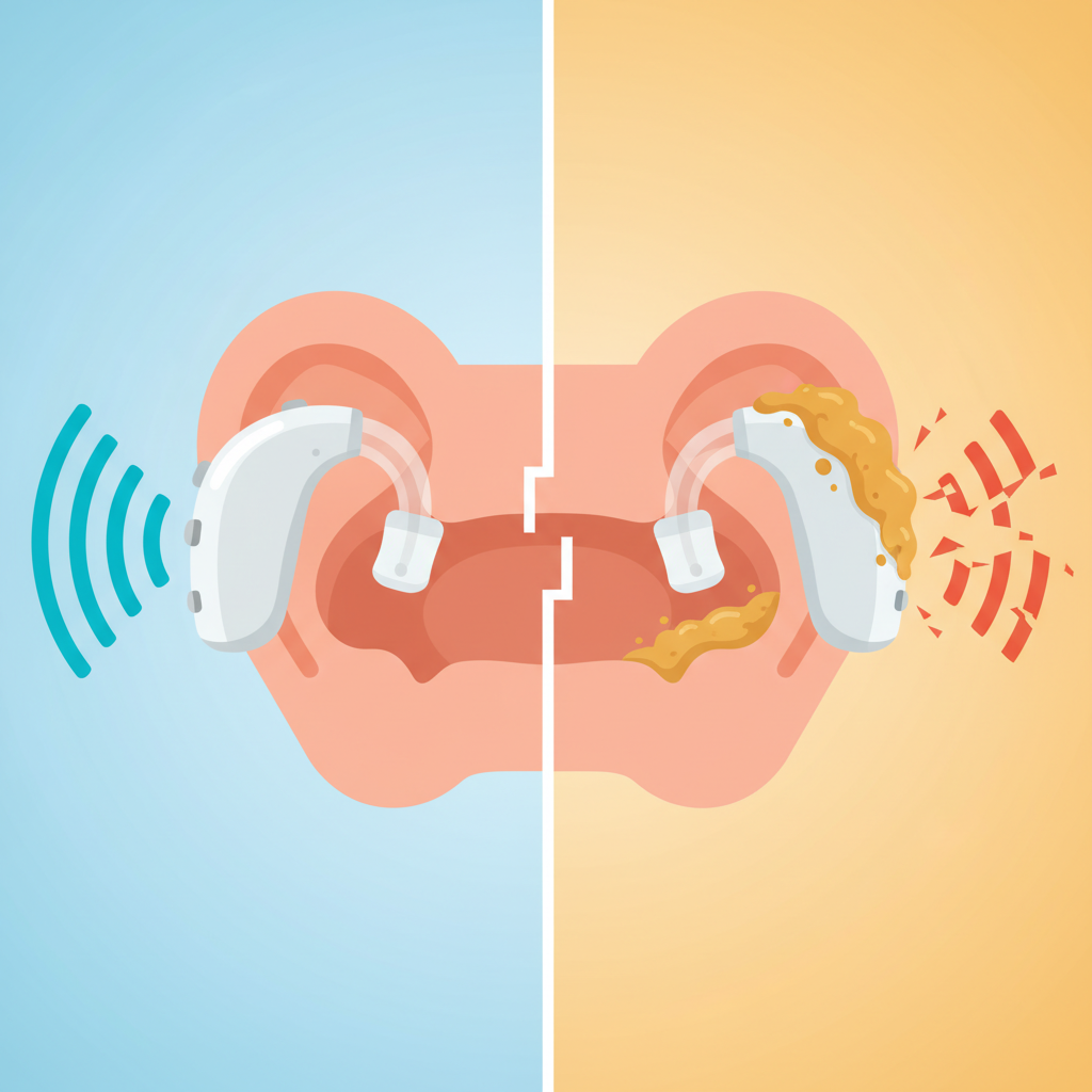 A vibrant, modern flat illustration depicting the stark contrast between a clean, functional hearing aid and a neglected, dirty one. On one side, a sparkling clean hearing aid rests in a healthy, clear ear canal, with crisp, undulating sound waves flowing freely into the ear. On the other side, a hearing aid is visibly coated with earwax and debris, positioned in a slightly obstructed ear canal, with sound waves appearing weak, broken, and struggling to pass through. The overall image emphasizes optimal sound quality versus impaired hearing.