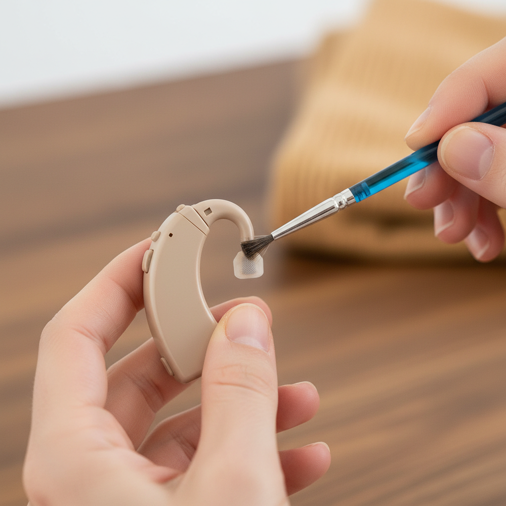 A professional, well-lit close-up photograph showcasing a pair of gentle hands carefully performing maintenance on a Behind-The-Ear (BTE) hearing aid. One hand holds the device while the other uses a small, specialized cleaning brush to meticulously remove debris from the ear hook and sound outlet. The background is softly blurred, keeping the focus entirely on the hands, the cleaning tools, and the hearing aid, emphasizing precision and care in the cleaning process.