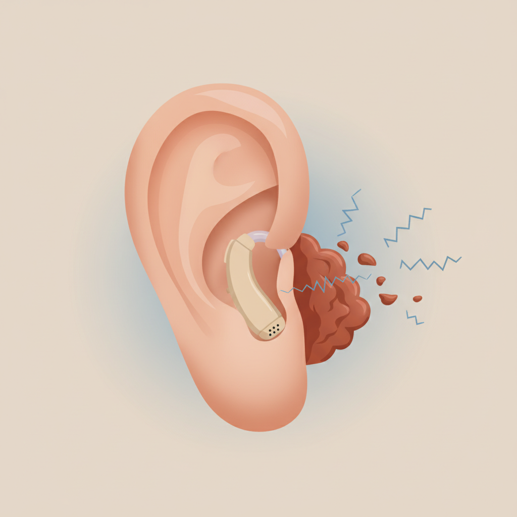 An infographic-style illustration presenting a simplified cross-section view of a human ear canal with an in-ear portion of a hearing aid deeply embedded. The diagram clearly highlights a significant accumulation of reddish-brown earwax (cerumen) completely obstructing the small sound aperture of the hearing aid's receiver. Faint, broken sound wave patterns are shown attempting to pass through the blockage, visually representing distorted or muffled sound due to neglected hygiene.
