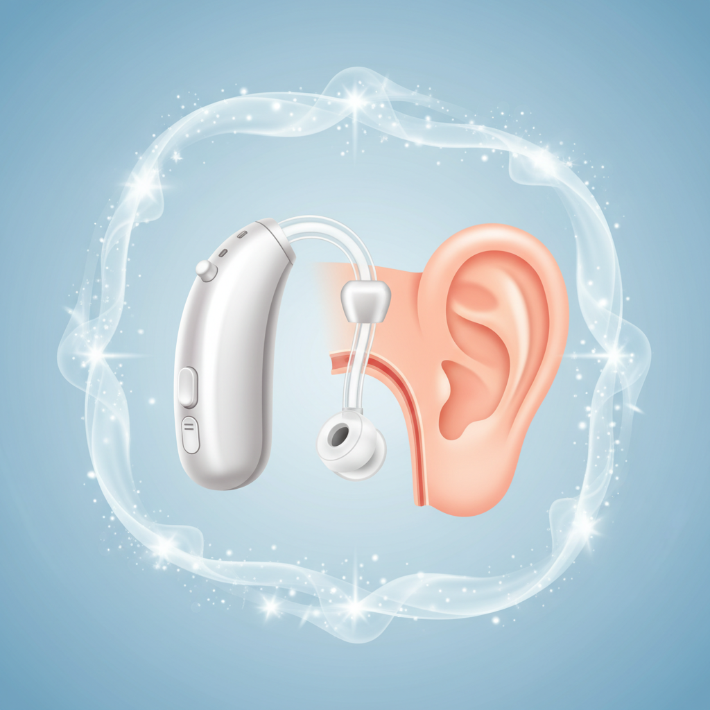 A clean, crisp modern illustration focusing on the hygienic aspect of hearing aid care. A perfectly clean, gleaming hearing aid is prominently displayed next to a simplified, healthy representation of an ear canal. Around the hearing aid and ear canal, subtle, abstract protective aura or sparkling clean elements suggest cleanliness and the absence of harmful bacteria. The overall impression is one of health, cleanliness, and the prevention of infections through proper maintenance.