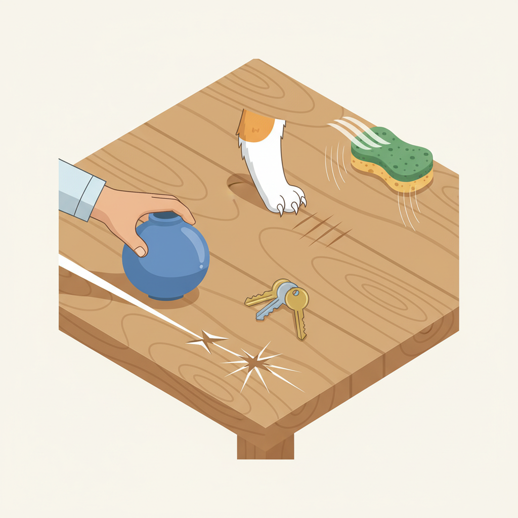 A detailed flat illustration depicting a wooden table surface covered in various common scratch-causing elements. On one side, a hand is dragging a ceramic vase, leaving a visible scratch. Nearby, a set of keys lies carelessly, suggesting impact. A cat's paw is gently shown near another scratch, hinting at pet damage. In the background, a rough cleaning sponge is being wiped across the wood, creating fine lines. The overall scene emphasizes different everyday actions that lead to scratches, presented in a clean, infographic style with clear, distinct elements.