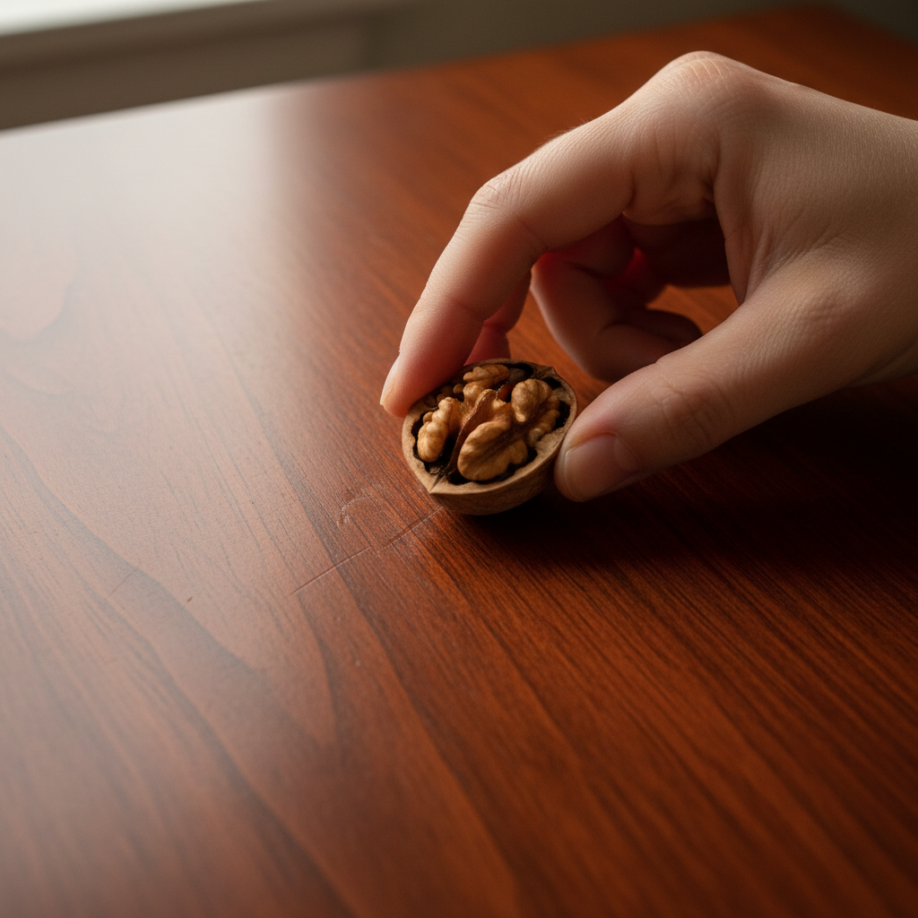 A close-up, professional photo showcasing a hand holding a half-walnut and gently rubbing its flesh over a fine scratch on a polished wooden furniture surface. The wood grain is clearly visible, and the scratch subtly appears less prominent where the walnut has been applied, demonstrating the repair. The lighting is warm and natural, highlighting the rich texture of the wood and the specific, simple repair process. The overall image conveys a sense of care, restoration, and practical solution.