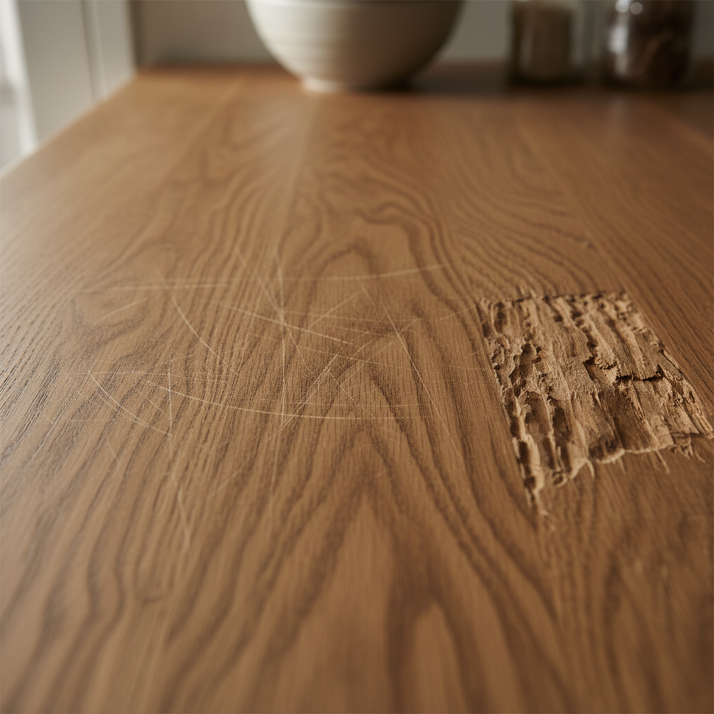 A close-up view of a warm, natural wooden kitchen countertop, clearly segmented into three distinct areas. The first area showcases extremely faint, hairline scratches that barely disturb the surface finish, representing superficial damage. The second section depicts moderate scratches, visibly indenting the wood grain but not penetrating deeply. The third area dramatically illustrates deep gouges and significant damage, showing torn wood fibers. The focus is on the varying depths of imperfection on a beautiful, authentic wood surface. Professional, clean product photography with natural lighting.