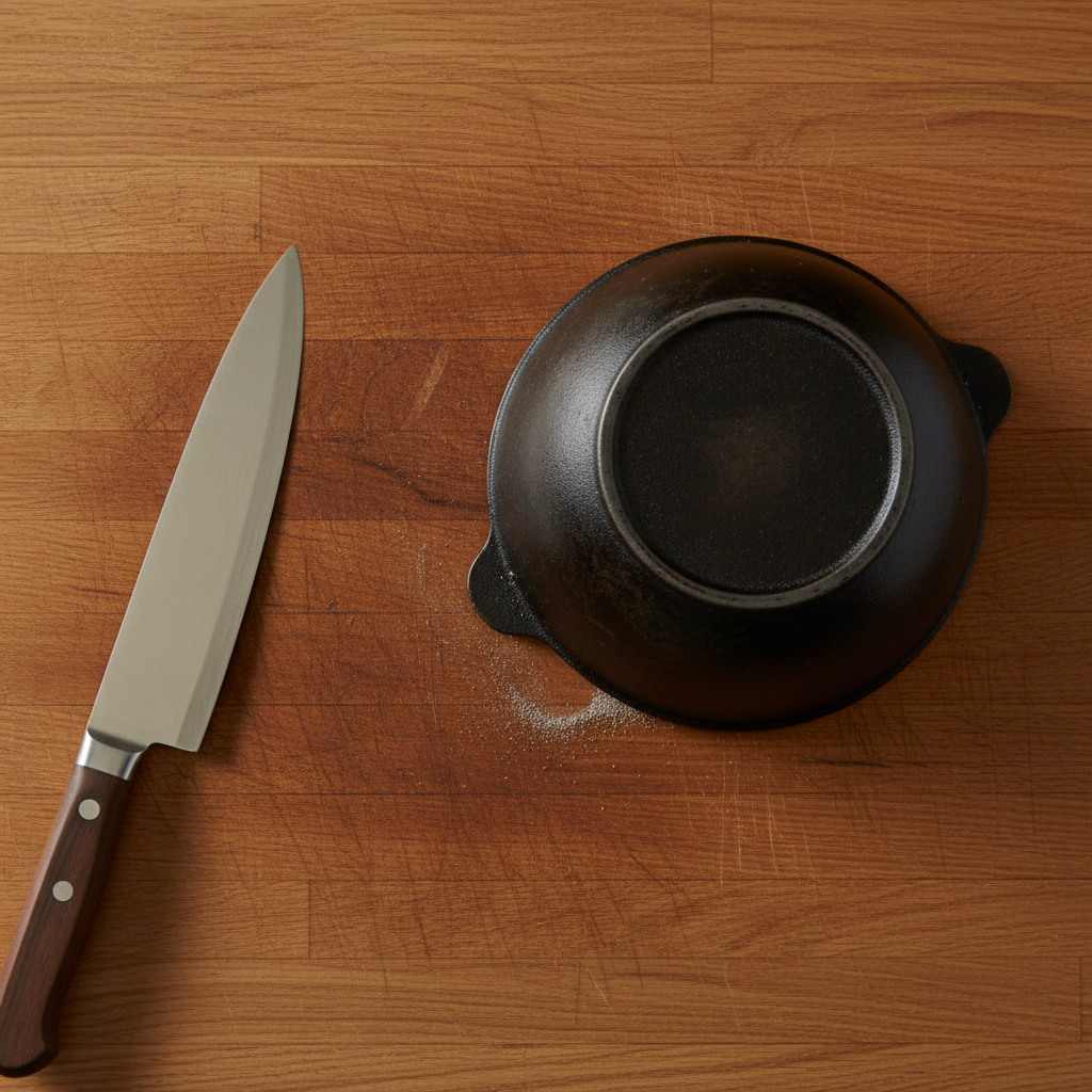 An overhead perspective of a warm wooden kitchen countertop, depicting several common scenarios that cause damage. A chef's knife is shown in motion, lightly scoring the surface. A heavy, dark pot is positioned as if being slid, leaving a subtle trail. Tiny, scattered grit particles are visible, suggesting abrasive action. The scene visually conveys the everyday wear and tear from kitchen tools and objects, with a few fresh, light scratches already present on the wood. Realistic, vibrant flat lay photography with a slight sense of implied motion.