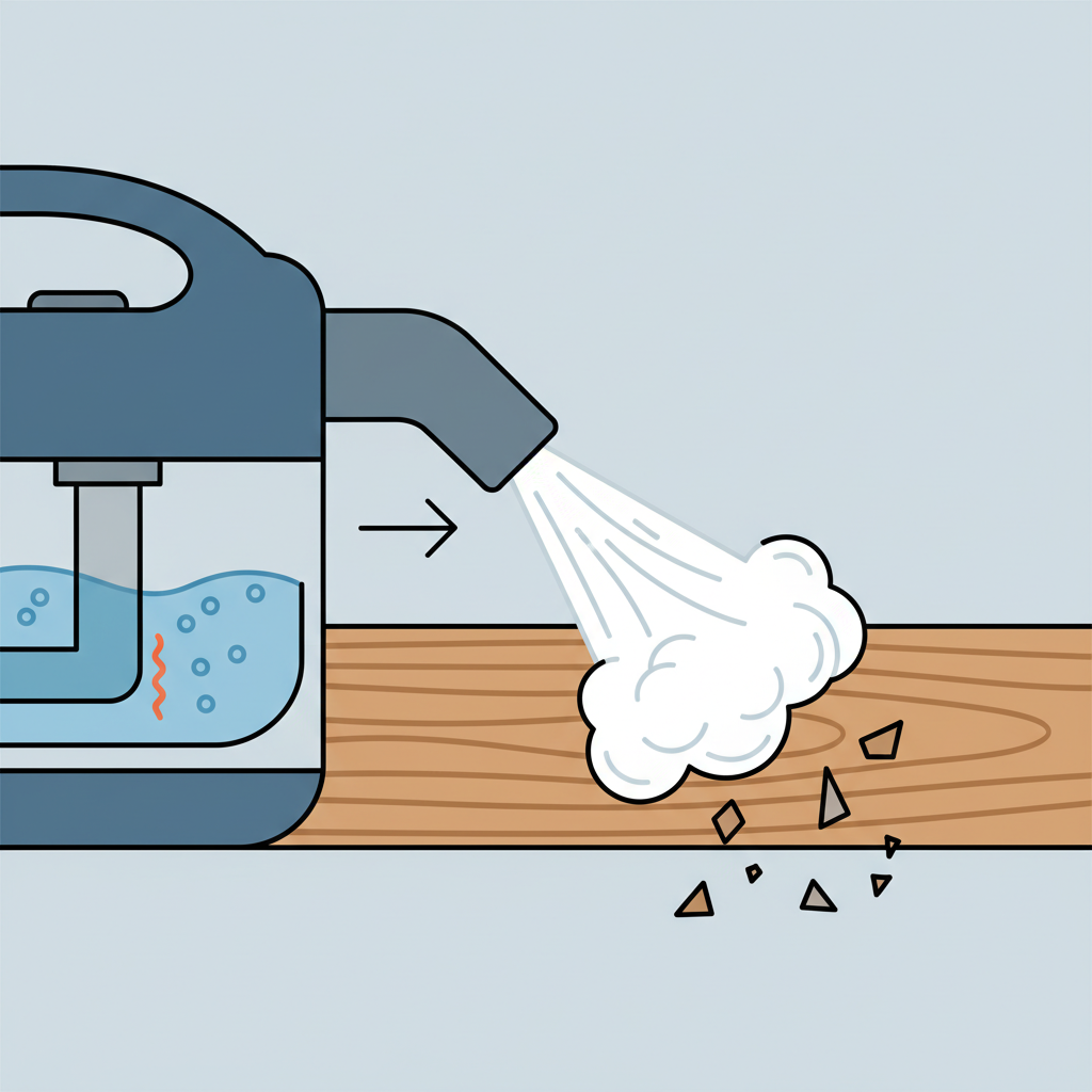 An infographic-style illustration depicting the internal mechanism and external action of a steam cleaner. Show a stylized device with water heating up and transforming into visible steam inside. A directed jet of steam emerges from the nozzle, interacting with a section of a wooden surface, symbolizing dirt being lifted. Use clean lines, technical drawing style, and a color palette of blues, grays, and natural wood tones.