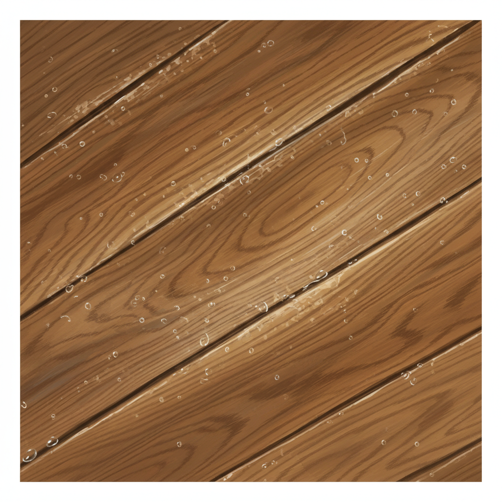 A close-up, highly detailed digital painting illustrating the potential damage to a wooden ceiling panel from excessive moisture or steam. Show a section of wooden planks with subtle swelling along the edges, slight warping, and a delicate lacquered finish beginning to lift or show small bubbles. The natural wood grain should be clearly visible beneath the compromised finish. Realistic art style, slightly exaggerated for clarity, using natural wood colors with a hint of dampness.
