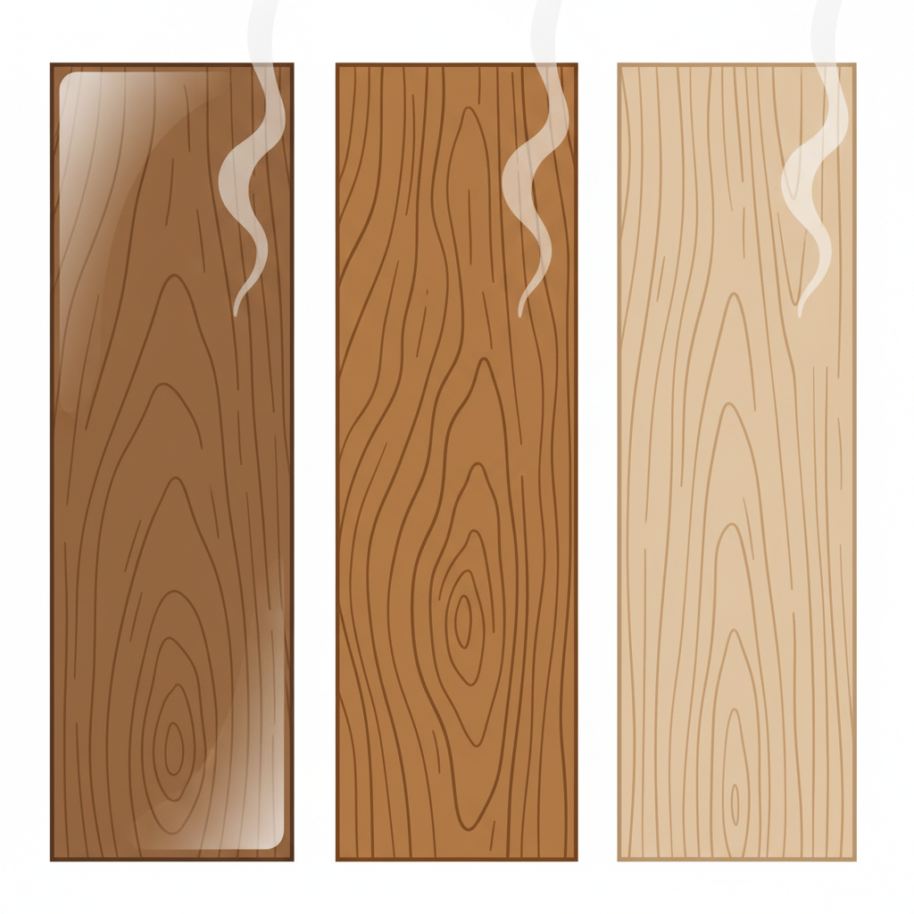A stylized side-by-side comparison illustrating three distinct types of wooden ceiling planks. The first plank should appear lacquered with a smooth, slightly reflective surface. The second plank should show an oiled finish, with a richer, more matte texture. The third plank should clearly represent untreated, raw wood grain. A gentle, almost invisible wisp of steam is subtly depicted near each plank, hinting at potential interaction. Flat illustration style, clean lines, earthy color palette for the wood.