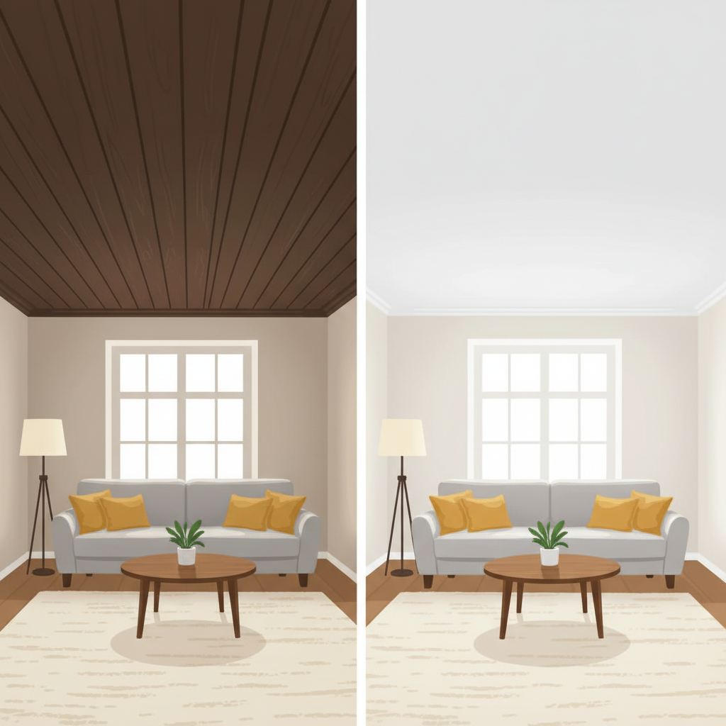 A split image or a 'reveal' style illustration. One side depicts a bright, inviting living room with an old, dark wooden ceiling that makes the space feel confined and dated. The other side shows the exact same room, but now with a freshly painted, bright white wooden ceiling, making the space appear significantly larger, airier, and more modern. Style: Modern flat illustration with a soft, inviting color palette. Focus on the striking contrast in brightness and overall room atmosphere.