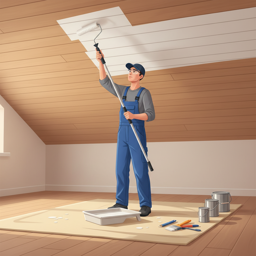 A mid-shot illustration of a person, gender-neutral, wearing practical work clothes, actively painting a wooden ceiling. The person uses a paint roller on an extension pole, reaching upwards. A white paint tray is visible on the floor, next to a neatly spread drop cloth catching a few stray paint drips. The scene emphasizes the process and necessary tools for painting, with a focus on clean execution. Style: Clean, realistic vector illustration with a bright and professional aesthetic.