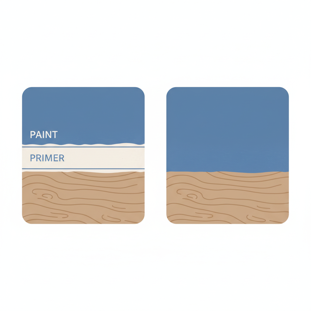 A clear, minimalist infographic-style illustration comparing two wooden surface treatments. On the left, a cross-section of wood shows three distinct layers: the wood grain, a thin primer layer, and a topcoat of paint. On the right, an adjacent cross-section of the same wood shows only two layers: the wood grain directly covered by a thicker topcoat of paint, visually implying direct adhesion without primer. Style: Clean, conceptual infographic with subtle textures for wood and paint layers.