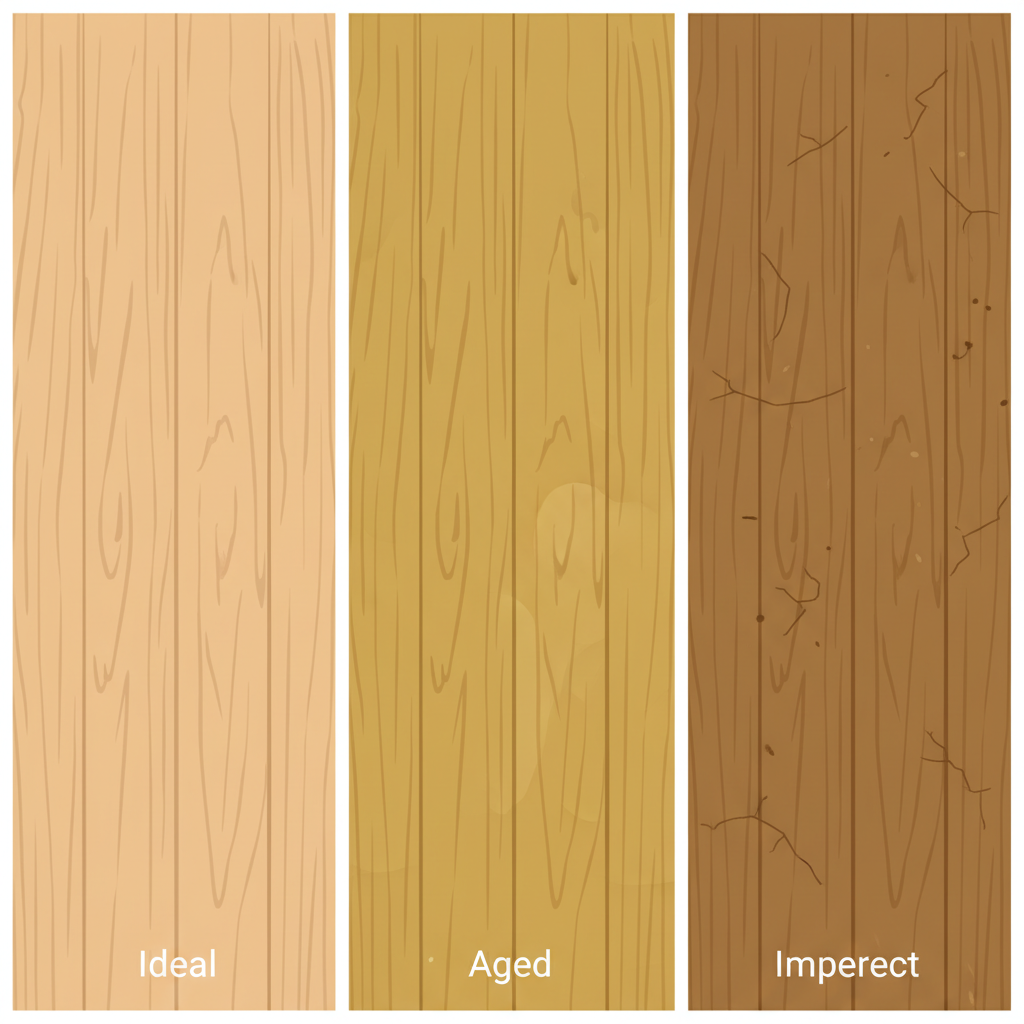 A triptych-style illustration presenting three different states of a wooden ceiling. The first panel shows a clean, smooth, light-colored wooden ceiling, representing ideal conditions. The second panel depicts an older section of a wooden ceiling with noticeable yellowing and minor, subtle stains from age or environment. The third panel illustrates a wooden ceiling with small surface imperfections or fine cracks that could be covered by paint. Style: Detailed flat illustration with a focus on conveying different textures and conditions of the wood realistically.