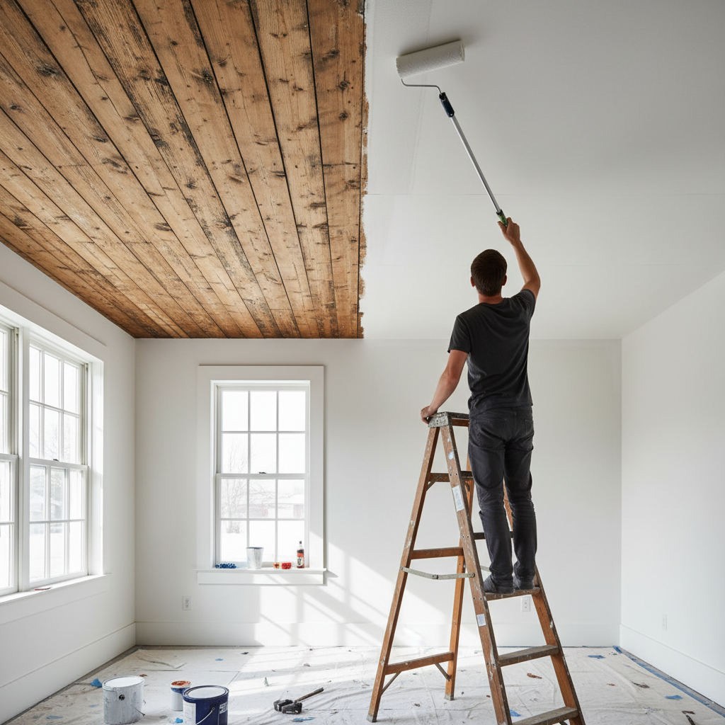 A bright, airy room with an old, stained wooden plank ceiling on one side, transitioning seamlessly into a freshly painted, smooth white ceiling on the other. A person is seen from the back, on a stable step ladder, using a long-handled paint roller to apply the final coat of paint to the unpainted section. Sunlight streams through a window, illuminating the stark contrast between the dull, aged wood and the vibrant, modern white. Professional photo with a clean, aspirational aesthetic.