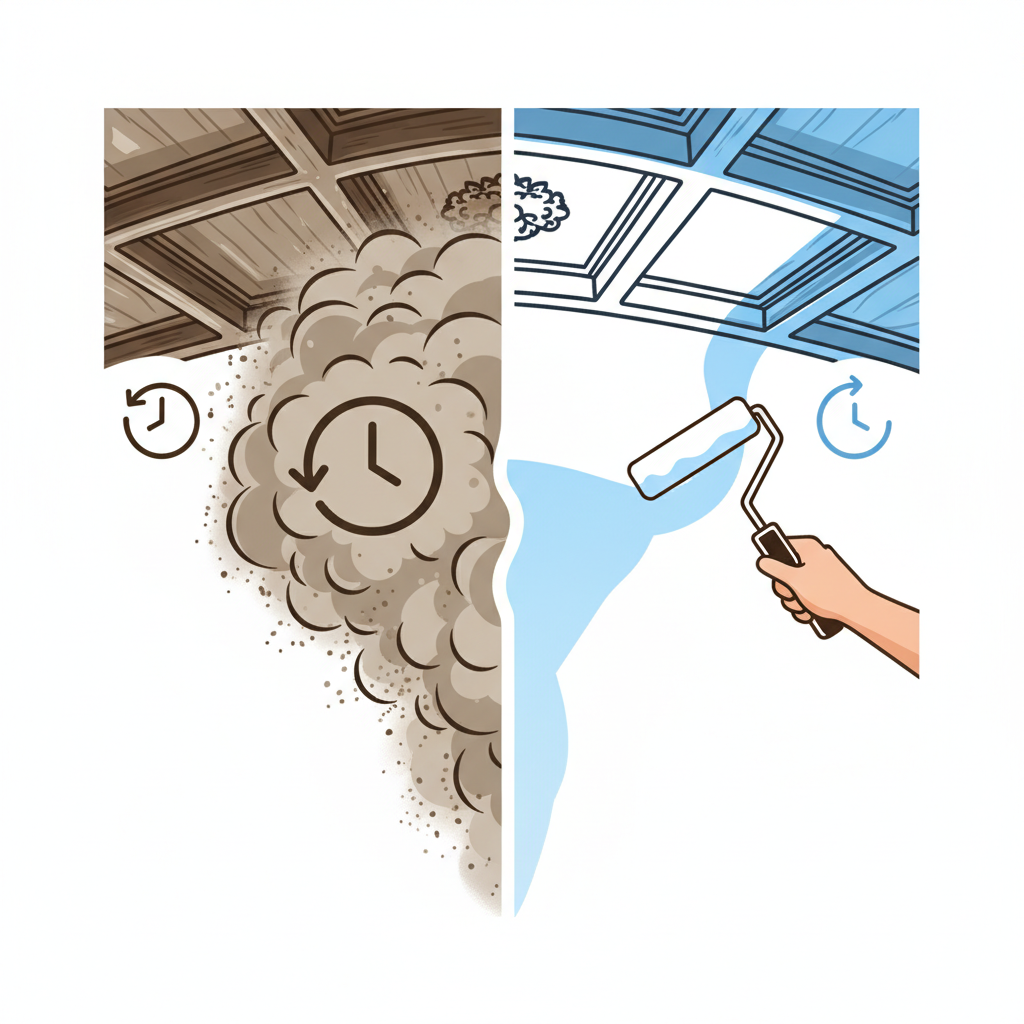 A visual comparison illustration in a clean, infographic style. The left side depicts a wooden ceiling with a large, swirling cloud of dust particles around it, and a stylized clock icon indicating a long duration. The right side shows the same wooden ceiling, but sparkling clean and being effortlessly painted with a roller, with a clock icon indicating a short duration and absolutely no dust. Use clear visual metaphors for 'messy' vs. 'clean' and 'long' vs. 'short' time, without any text.