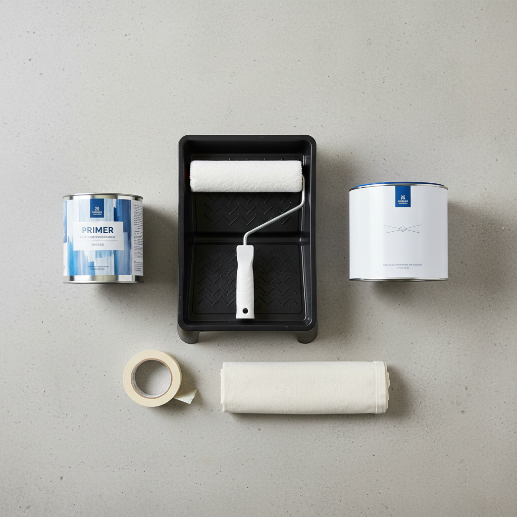 A neatly arranged flat lay photograph featuring essential painting supplies. Prominently displayed are a high-quality paint roller with a tray, a sealed can of specialized adhesion primer (designed for wood), and a can of bright white ceiling paint. Smaller items like masking tape and a clean drop cloth are folded nearby. The composition should convey efficiency and readiness, with a professional and clean product photography style against a neutral background.