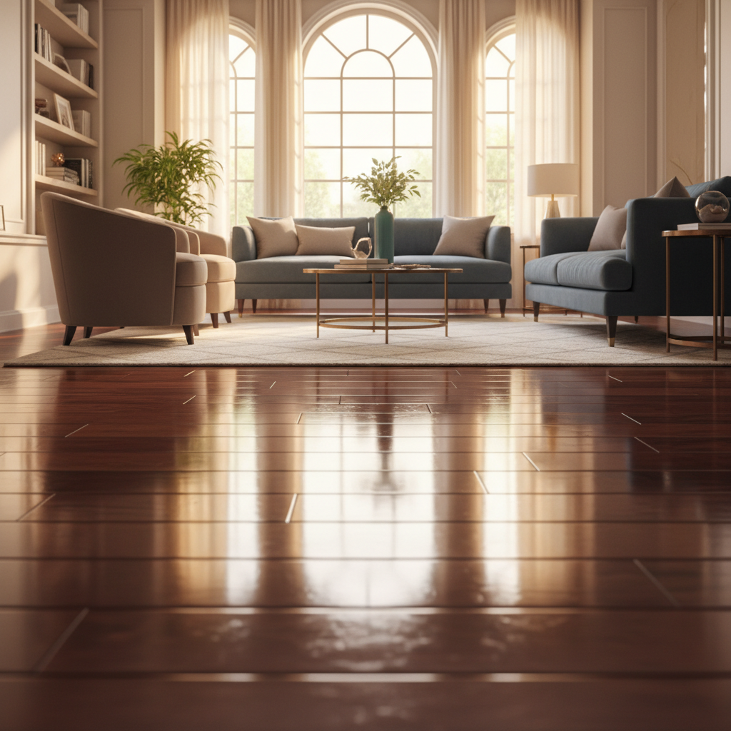 A professional photo of a beautifully lit living room interior with gleaming, polished wooden floorboards that reflect a soft, warm light from a window. The floor should appear immaculate and inviting, suggesting comfort and elegance. Include a subtle bokeh effect in the background to emphasize the floor's prominence.