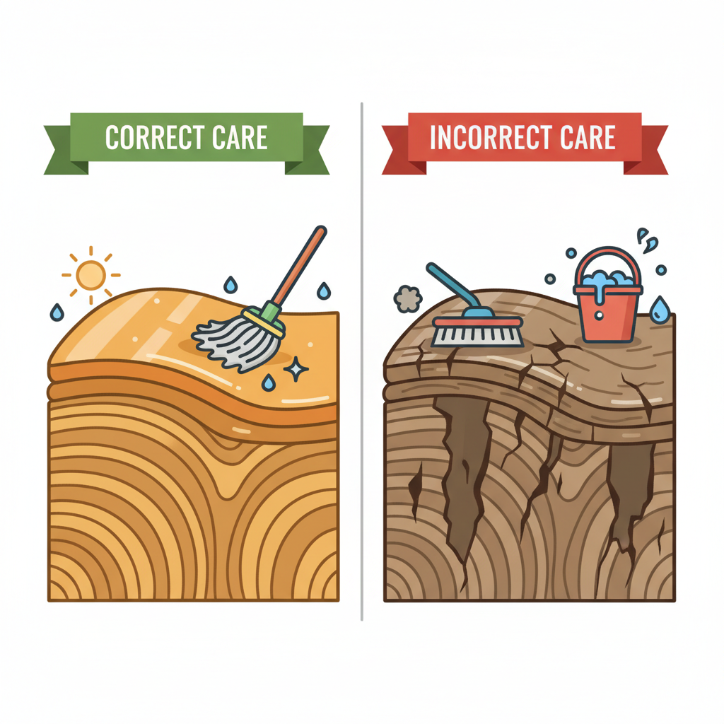 An infographic-style illustration depicting the impact of proper vs. improper cleaning on wooden floorboards. On one side, show a vibrant, healthy cross-section of a wooden plank with a protective surface layer (oil or lacquer) and a caption like 'Correct Care'. On the other side, show a damaged, dull, or scratched cross-section with cracks in the surface layer and a caption like 'Incorrect Care'. Use clear, simple iconography.