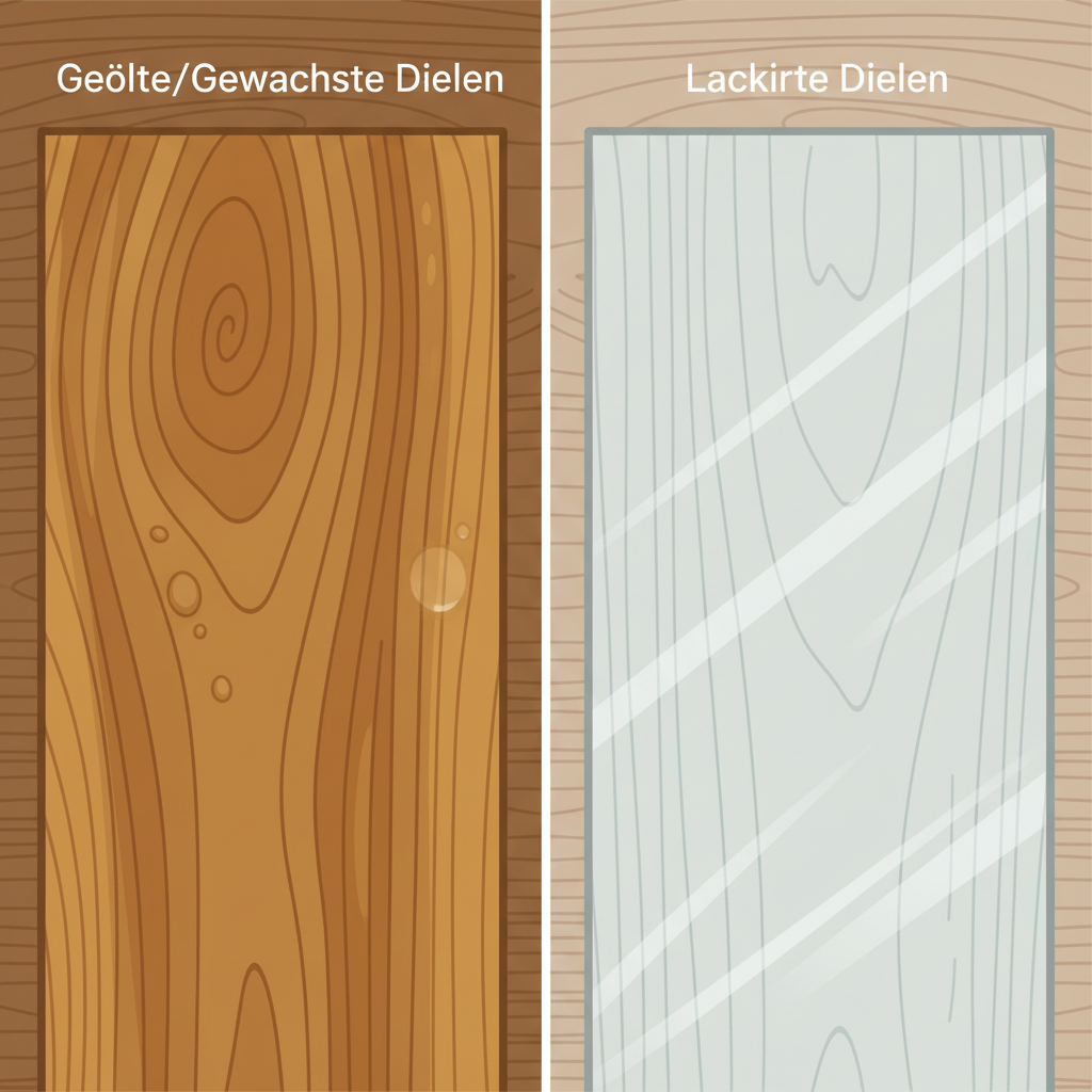 A detailed flat illustration showcasing the two main types of wooden floor surface treatments: 'Geölte/Gewachste Dielen' and 'Lackierte Dielen'. For 'Geölte/Gewachste Dielen', depict a wooden plank with visible, absorbed oil/wax penetration, highlighting the natural wood grain. For 'Lackierte Dielen', show a plank with a clear, smooth, protective top layer that sits on the surface. Use distinct but harmonious color palettes for each side.