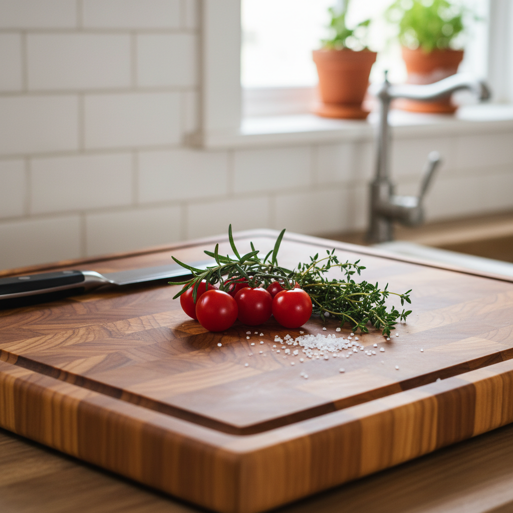 A close-up, professional photo of a well-maintained wooden cutting board in a rustic kitchen setting. The board should have subtle, warm tones, with a few fresh vegetables (e.g., cherry tomatoes, herbs) artistically arranged on it, suggesting its use in food preparation. The lighting should be soft and inviting, highlighting the natural grain of the wood. The background should be slightly blurred to keep focus on the board. Emphasize cleanliness and a welcoming kitchen atmosphere.
