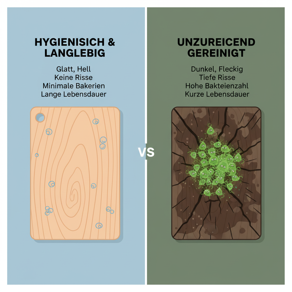 A split-panel infographic illustration showing the contrast between a clean and an unhygienic wooden cutting board. On one side, a pristine, light-colored wooden board is shown with microscopic bacteria symbols visibly absent or minimal, labeled 'Hygienisch & Langlebig'. On the other side, a darker, stained board with visible cracks and an exaggerated concentration of glowing green bacteria symbols, labeled 'Unzureichend Gereinigt'. The style should be clean, clear, and informative, using simple icons and text.