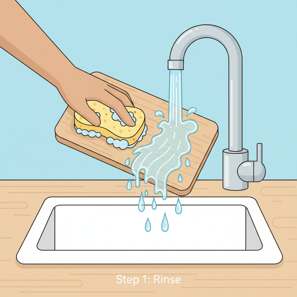 A step-by-step flat illustration depicting the daily cleaning process of a wooden cutting board. Image 1: A hand holding a sponge and rinsing the board under running warm water (spill effects). Image 2: A small drop of mild dish soap being applied to the sponge. Image 3: The sponge gently scrubbing the board's surface. Image 4: The board leaning upright on a drying rack, allowing air circulation. Use a bright, friendly color palette with simplified, clean lines and minimal distractions.