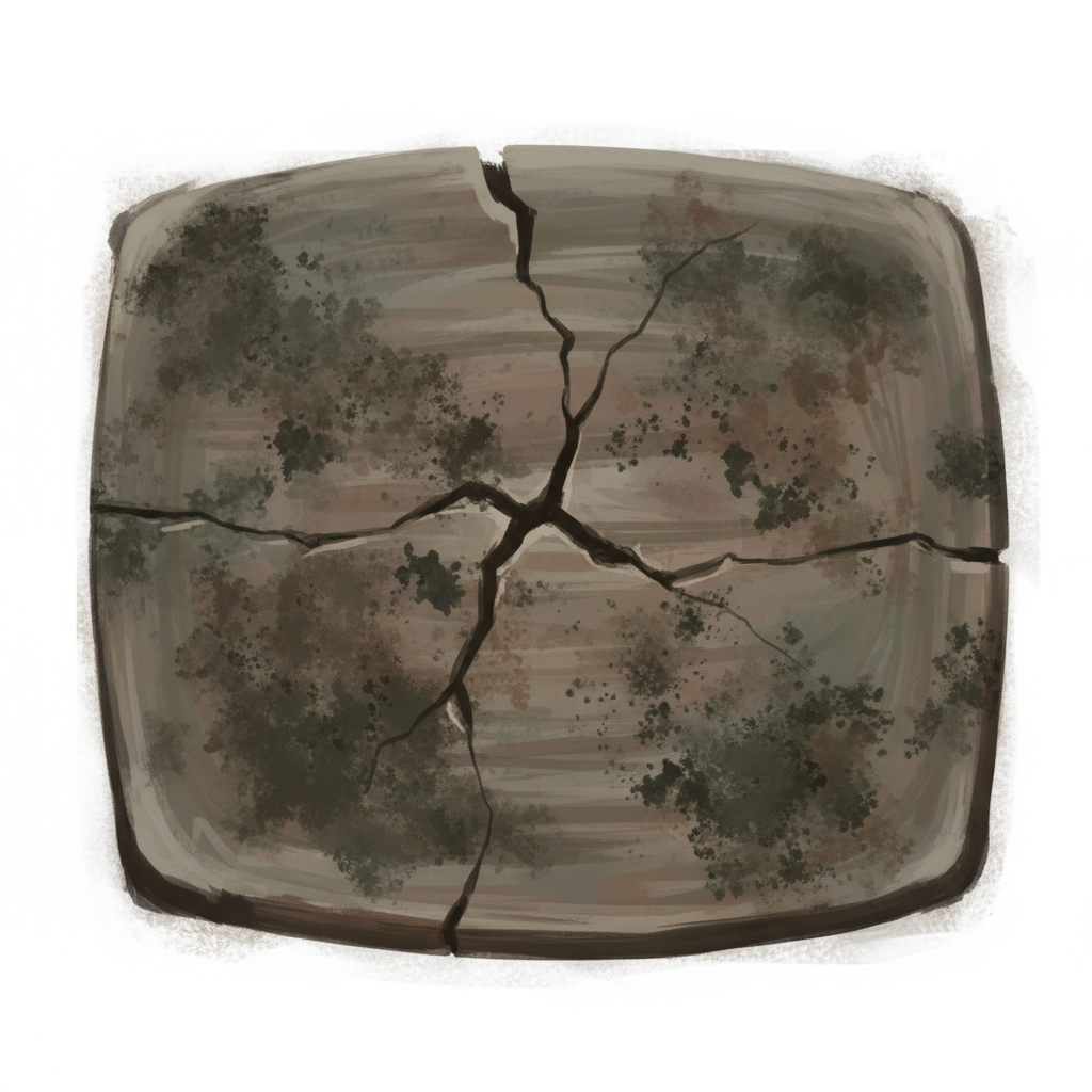 An artistic, somewhat abstract illustration portraying the negative effects of improper cleaning on a wooden cutting board. Show a wooden board with prominent cracks forming, dark stains spreading across its surface, and subtle visual cues of warping or swelling. This image should evoke a sense of damage and neglect, perhaps with a 'before' or 'problem' aesthetic. The style could be a digital painting with emphasis on textures and subtle distressed effects, using muted, somber colors.