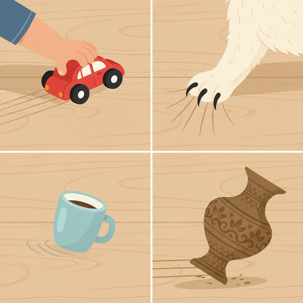 A modern, clean flat illustration with a slightly textured finish, depicting a multi-panel visual that showcases various common causes of scratches on a wooden table. Panel one shows a child's hand pushing a toy car across the surface. Panel two features a pet's paw (cat or dog) with extended claws resting on the wood. Panel three illustrates a ceramic mug being slid, leaving a faint trail. Panel four depicts a heavy, ornate vase being dragged. The consistent wooden table background unifies the different scenes, emphasizing everyday scenarios.