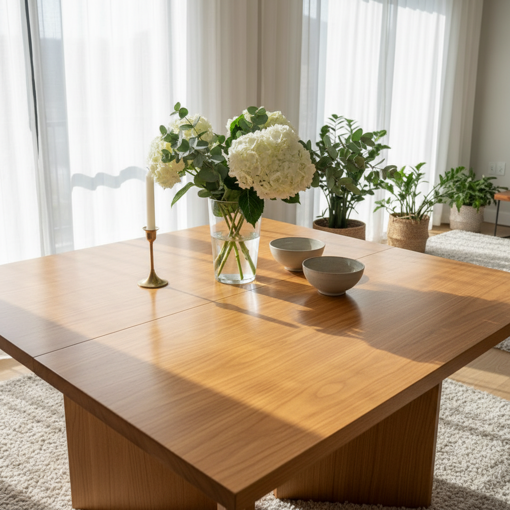 A professional wide-angle photo of a beautifully maintained, light-colored wooden dining table in a sunlit room. On the table, there's a vase with fresh flowers and a few minimalistic decor items. The surface of the table shines, highlighting its natural grain, evoking a sense of warmth and cleanliness. The setting should feel inviting and aspirational, showcasing the ideal end-result of proper wood care.