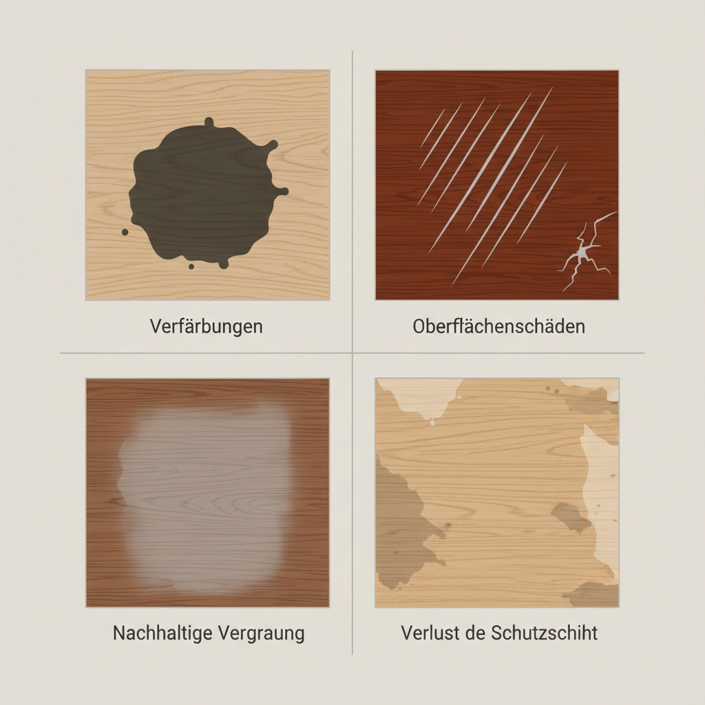 An informative infographic-style illustration depicting the common damages to wooden tables due to improper cleaning. The image should be cleanly divided into four sections, each showing a stylized icon or minimal graphic representing: 'Verfärbungen' (color changes - e.g., a dark stain on wood), 'Oberflächenschäden' (surface damage - e.g., a stylized scratch or crack), 'Nachhaltige Vergrauung' (greying - e.g., a section of wood with a greyish tint), and 'Verlust der Schutzschicht' (loss of protective layer - e.g., a chipped or dull surface element). Use a clean, modern design with clear labels.