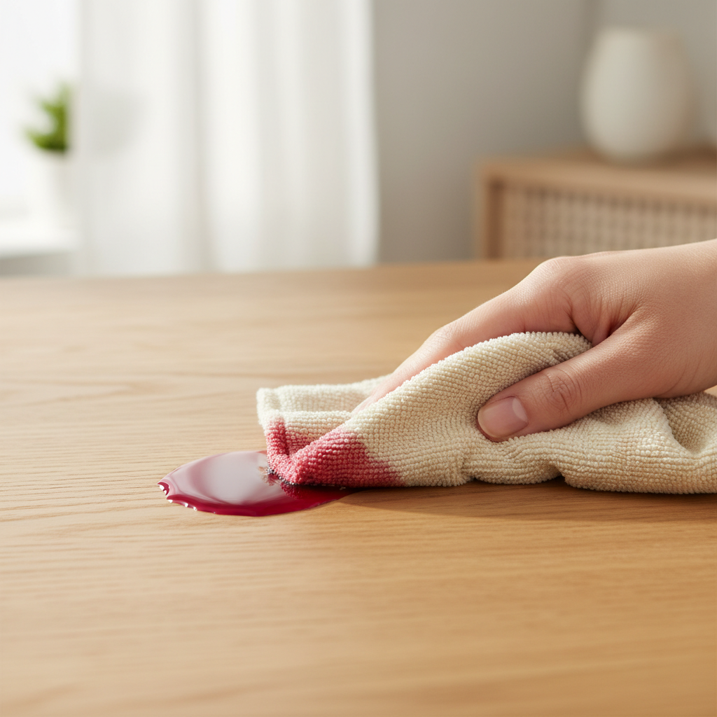 A close-up, high-quality photograph showcasing the immediate action of cleaning a spill on a wooden table. A small amount of red liquid (like wine) is spilled on a light wooden surface. A hand, holding a soft, absorbent, light-colored cloth (microfiber or cotton), is gently dabbing the spill without rubbing. The focus should be on the interaction between the cloth and the liquid, emphasizing the 'immediate' and 'gentle' aspects. Natural lighting.