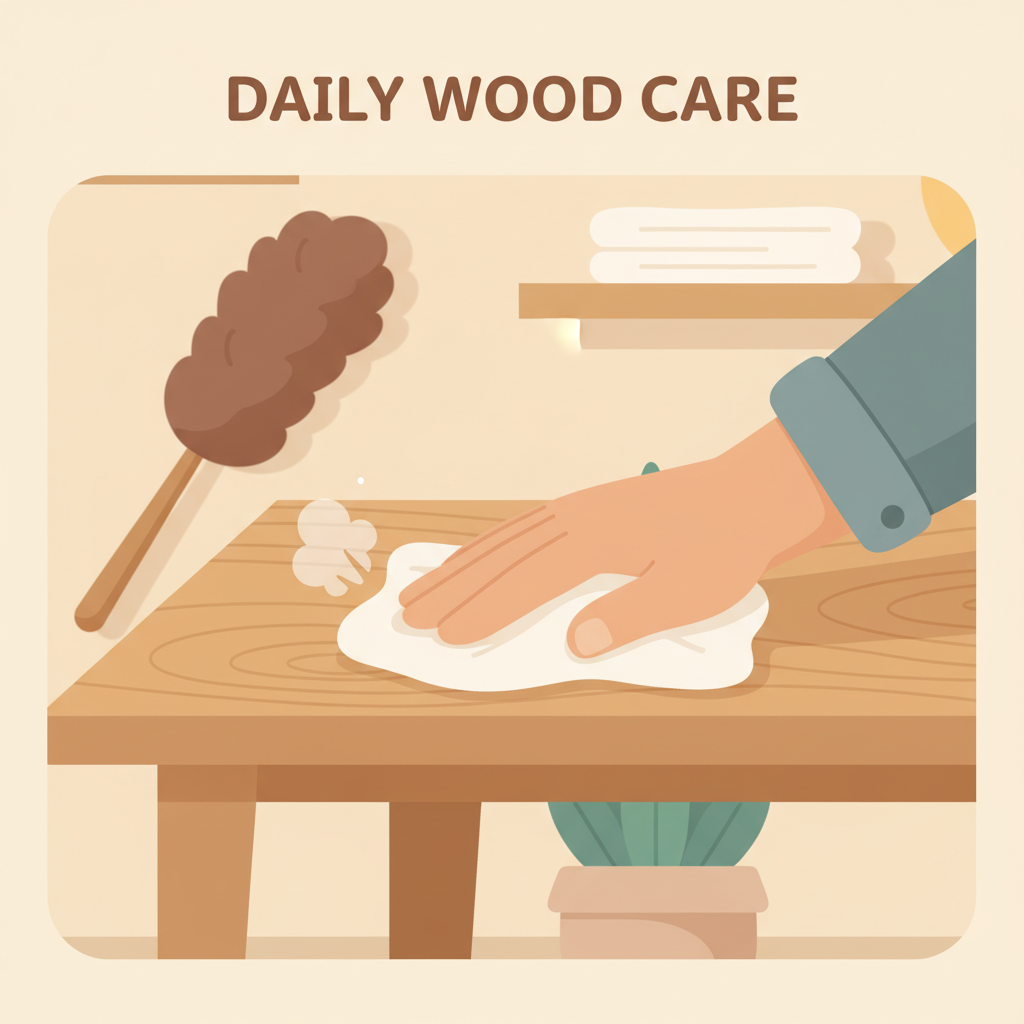 A flat illustration or vector graphic depicting the daily care routine for a wooden table. The illustration should show a hand gently wiping a table surface with a soft, dry cloth to remove dust. In the background, subtly illustrate items like a feather duster or another clean cloth, symbolizing regular maintenance. The style should be clean, friendly, and easy to understand, using a warm color palette appropriate for wood themes.