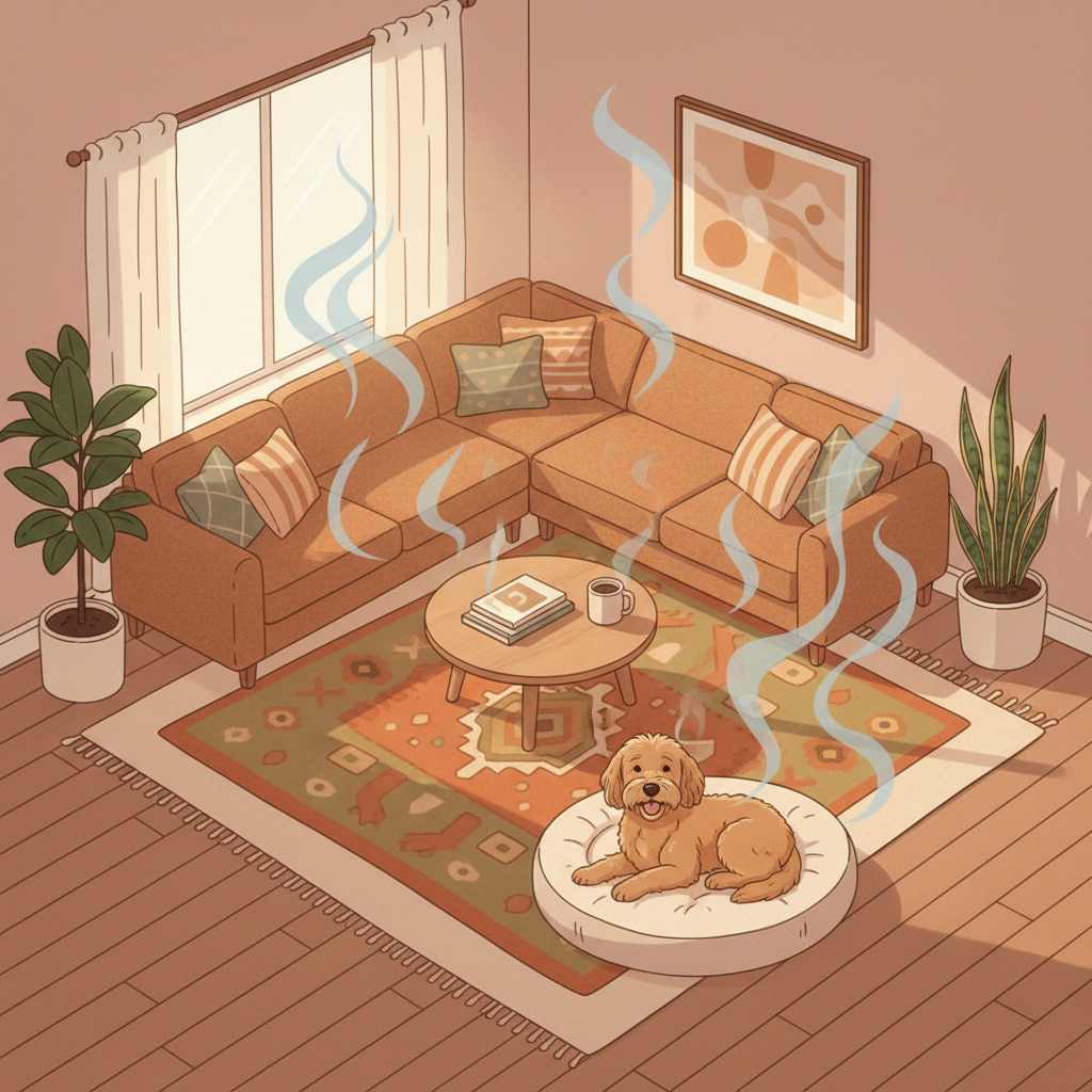 A cozy, modern living room depicted from a slightly elevated perspective. A happy, medium-sized dog rests comfortably on a plush dog bed on the floor. Subtle, artistic visual cues, like translucent, soft grey-blue wisps, gently swirl upwards from the dog's bed and a nearby carpet, hinting at invisible odors without being overtly unpleasant. The room is tidy, with comfortable furniture and houseplants, suggesting a lived-in but well-maintained space. Flat illustration, warm color palette.