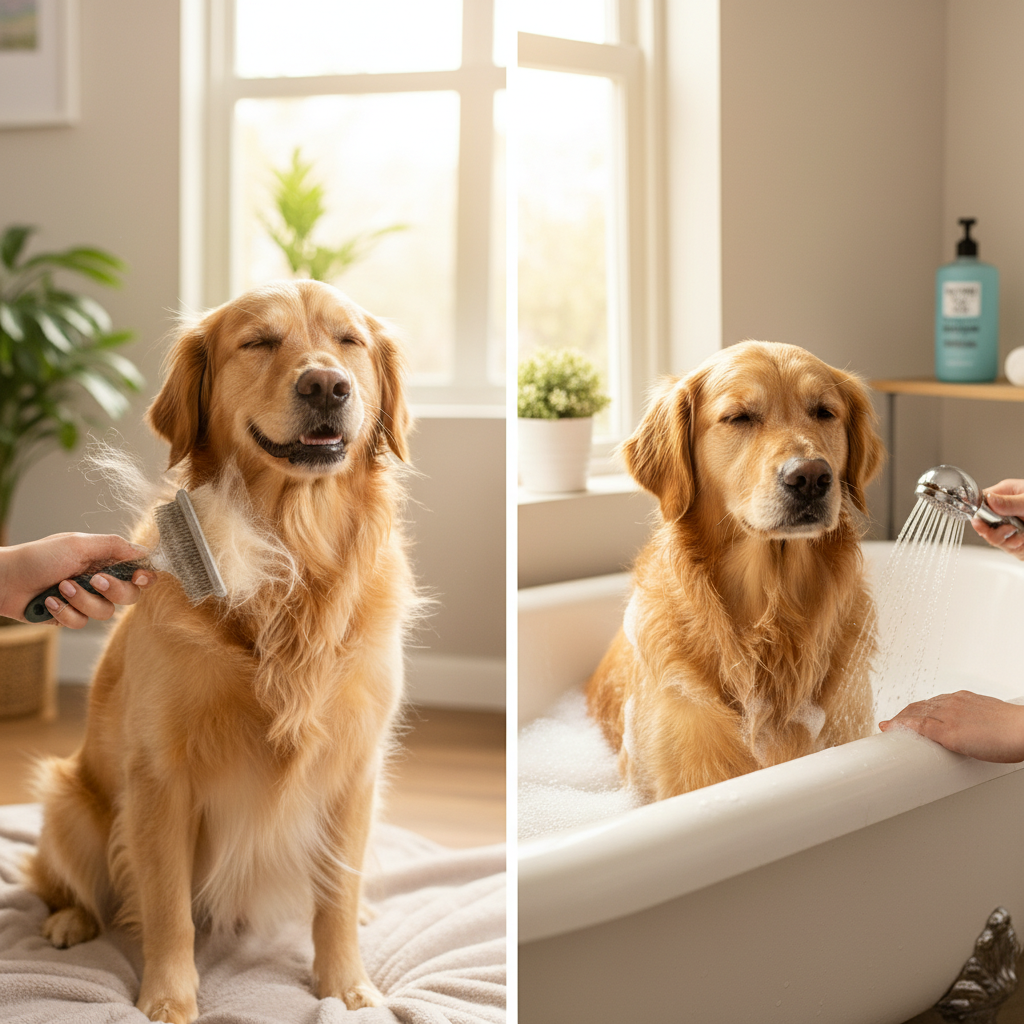 A bright, cheerful scene depicting a two-part dog grooming process. On the left, a friendly hand gently brushes the clean, shiny coat of a happy dog, showing loose fur being removed. On the right, the same dog is being carefully bathed in a tub, surrounded by gentle bubbles, with a bottle of dog shampoo subtly visible in the background. The dog looks relaxed and content. Professional, clean photo style with soft, natural lighting.