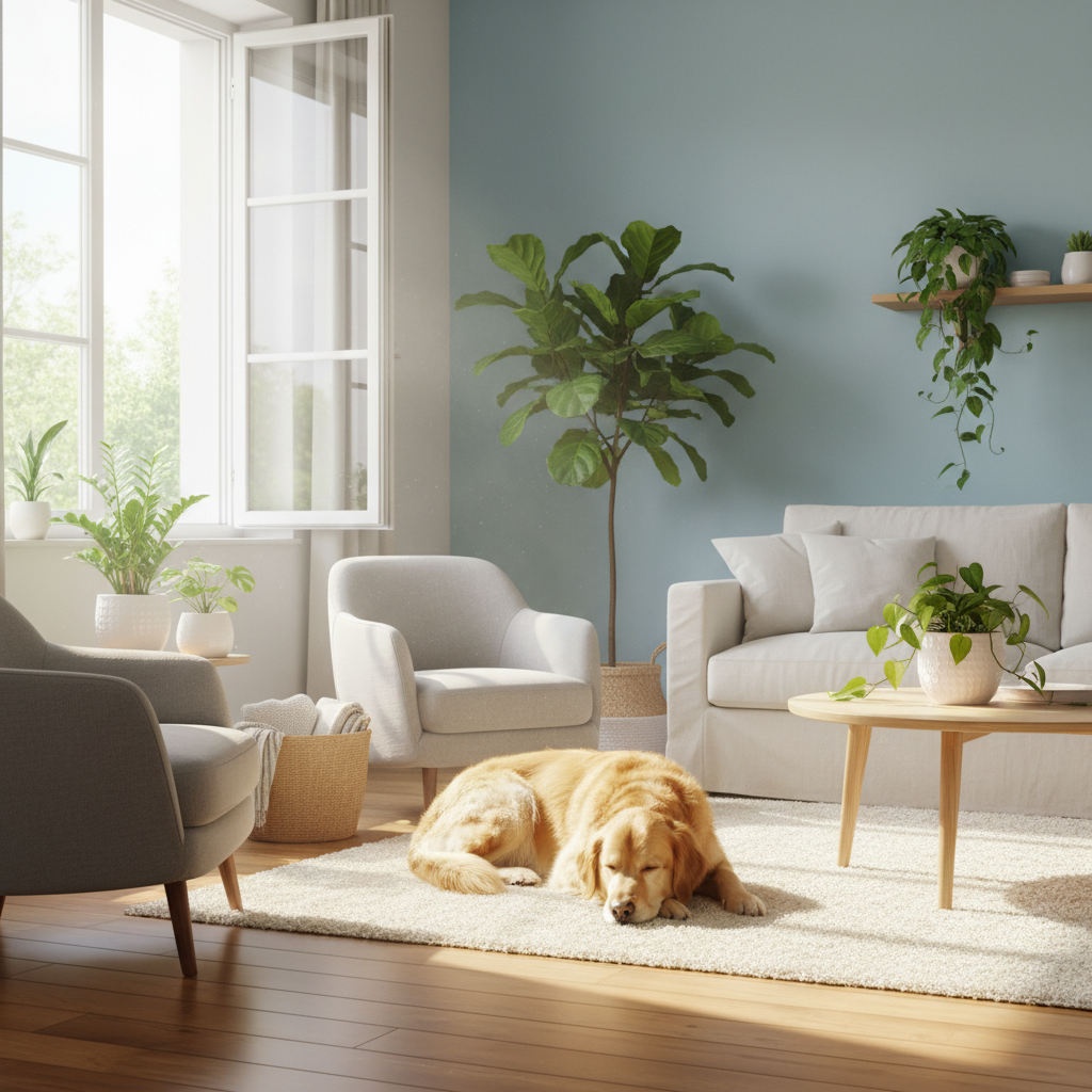 An inviting, sun-drenched living room with a large, open window. A well-groomed, happy dog lies peacefully on a clean rug, basking in a shaft of warm sunlight. The air appears visibly fresh and clear, with no dust motes. Green houseplants add a touch of nature, and the room feels spacious, bright, and completely free of any unpleasant smells. Emphasize light, freshness, and a serene atmosphere. Professional photo, natural light, clean aesthetic.