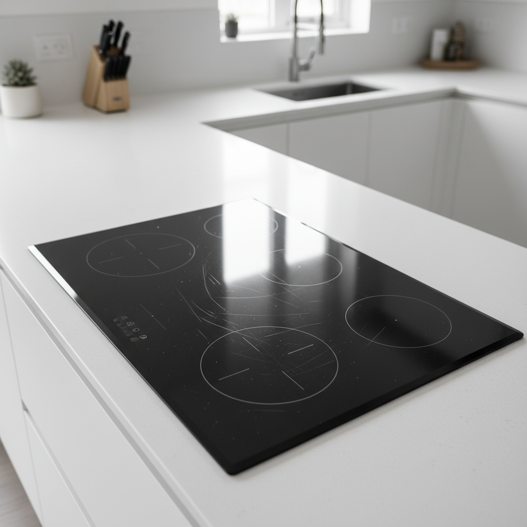 A professional, high-angle photo of a sleek, modern induction cooktop integrated into a contemporary kitchen countertop. The dark glaskeramik surface of the cooktop has several noticeable yet superficial scratches visible under a soft ambient light, subtly disrupting its otherwise pristine reflection. The scratches should be distinct enough to be a focal point, conveying the common problem of blemishes on this advanced appliance. The surrounding kitchen environment should be minimalist and clean, reinforcing the contrast with the damaged surface.