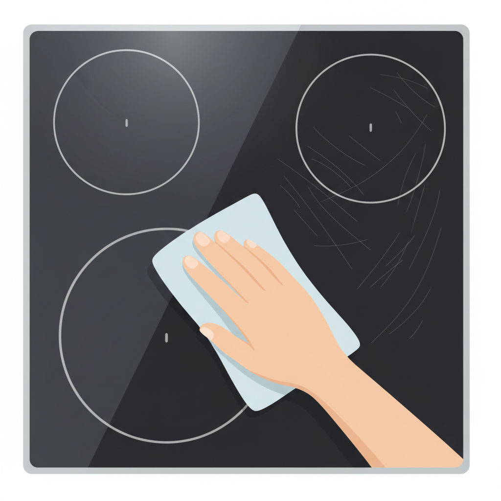 A clean, bright close-up illustration in a flat design or vector art style depicting a segment of a dark glaskeramik induction cooktop. A gentle hand is holding a soft cloth, carefully polishing a section of the cooktop surface. One side of the polished area gleams perfectly, suggesting a successful repair or restoration, while the adjacent area still shows faint, fine line scratches, creating a subtle 'before and after' effect or highlighting the act of careful maintenance.