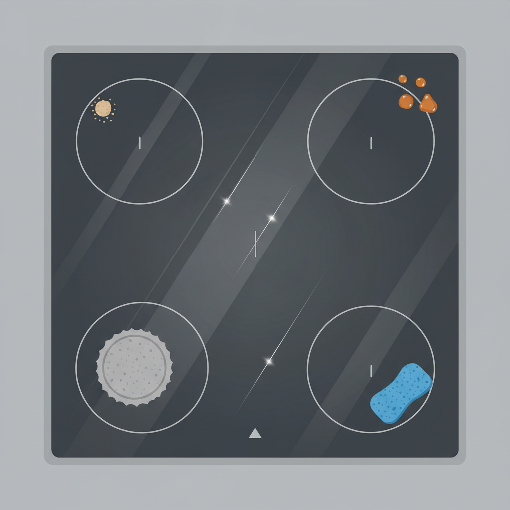 A close-up, top-down view of a sleek, dark glaskeramik induction hob. The surface has a few distinct, fine scratches running across it, catching the light subtly. Scattered around the burner areas are stylized, miniature representations of common scratch causes: a tiny, gritty sand particle, a small, rough pot base with an uneven edge, a generic, slightly abrasive cleaning pad, and a few hardened, caramelized sugar droplets. The overall mood is slightly concerned but emphasizes the visual problem. Detailed, clean flat illustration with subtle gradients and highlights, giving a sense of modern kitchen aesthetics.