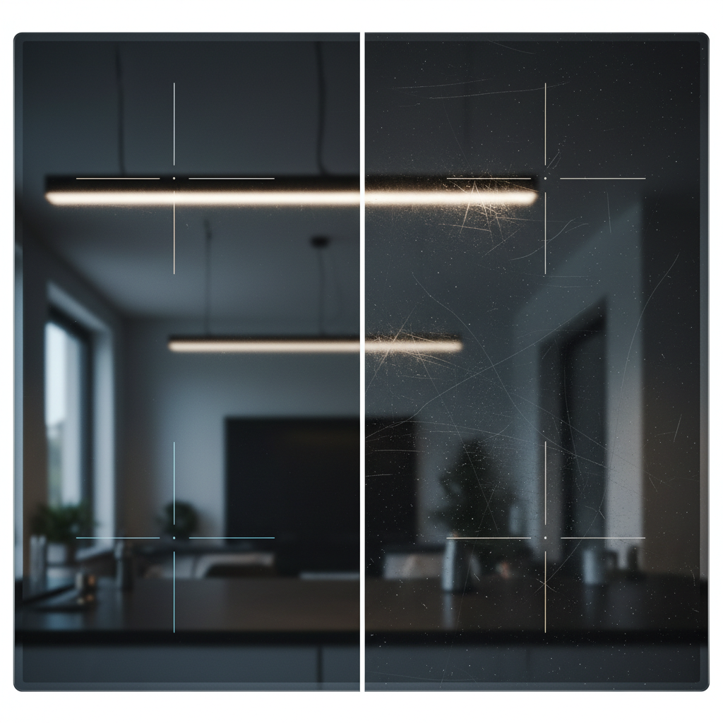 A conceptual split image or a visual metaphor depicting an induction hob surface. One half showcases a pristine, highly reflective glaskeramik surface, gleaming under gentle light, symbolizing a new or perfectly maintained hob. The other half, subtly blending or contrasted, shows the same surface but with visible, superficial scratches that distort the reflections and create a duller appearance. The emphasis is on the visual difference between damaged and undamaged, highlighting the aesthetic impact without implying a specific repair method. Hyper-realistic product photography, focusing on reflections and surface textures, with clean, minimalist studio lighting.