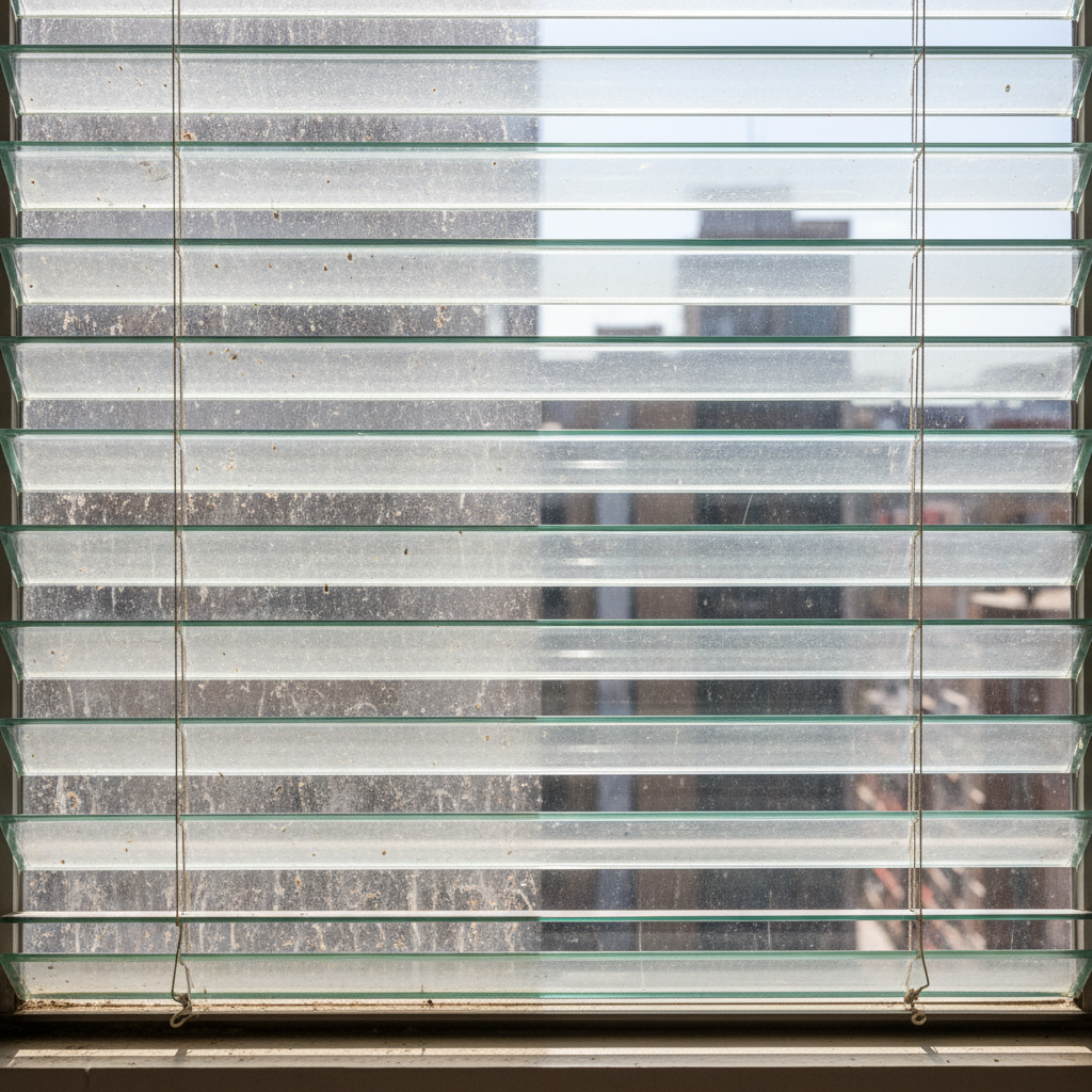 A vibrant, professional photo of a window with jalousie blinds, visually divided into two halves. The left half shows blinds heavily covered in a visible layer of dust and grime, appearing dull and neglected. The right half displays the same style of blinds, but sparkling clean, reflecting light, and looking pristine and well-maintained. The contrast should be stark, emphasizing the transformative effect of cleaning on aesthetics and light.