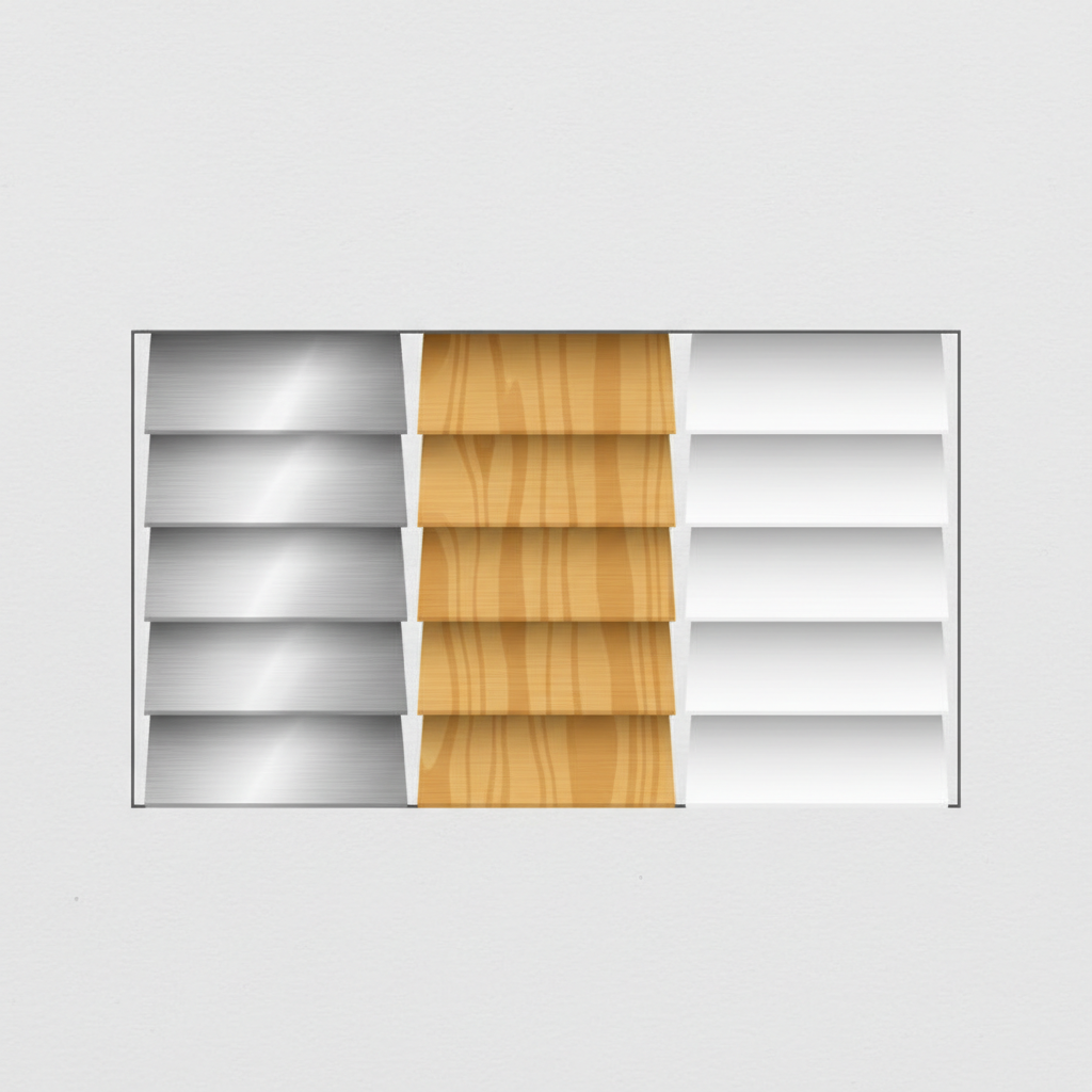 A clean and modern infographic-style illustration showcasing three distinct types of jalousie lamellae arranged horizontally. From left to right: a section of sleek, metallic silver aluminum lamellae, followed by warm, natural wood lamellae with visible grain, and finally, smooth, matte white PVC plastic lamellae. Each material's unique texture and appearance should be clearly distinguishable, presented as clean, individual segments for comparison.