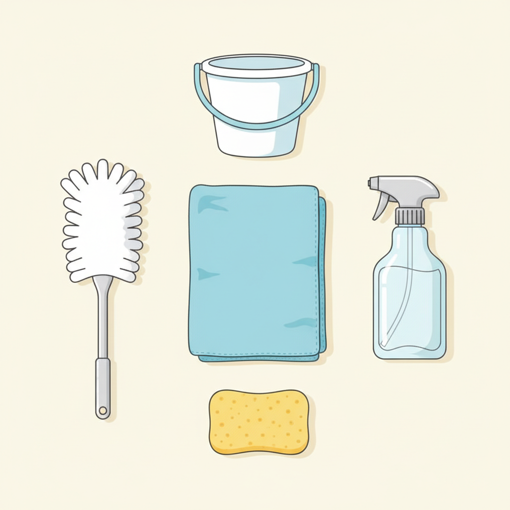 A bright and inviting flat lay illustration of essential cleaning tools arranged neatly on a light surface, ready for use. Featured items include a soft microfiber cloth, a specialized jalousie duster, a spray bottle filled with a clear liquid (implying cleaning solution), a small bucket, and a gentle cleaning sponge. The composition should convey organization and preparedness, without any brand labels.
