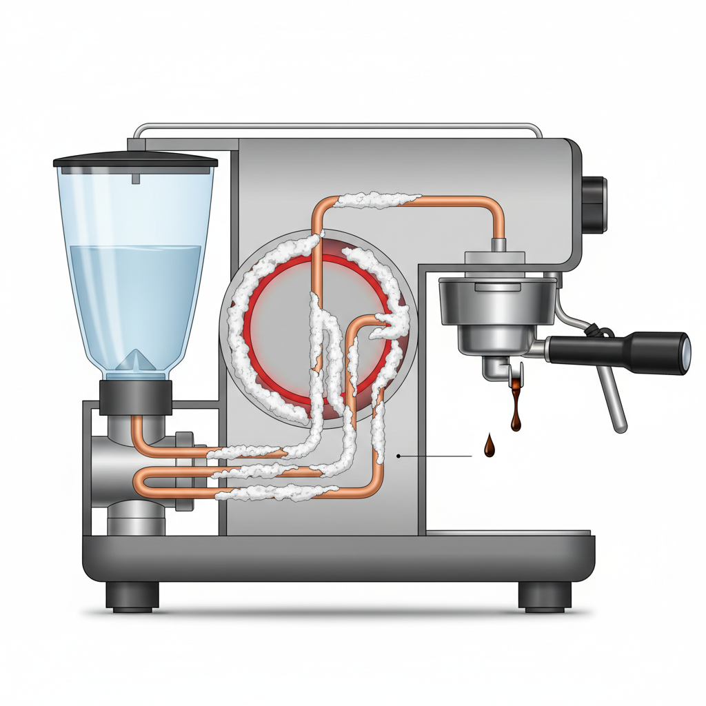 A detailed cross-section illustration of a modern espresso machine's internal components. Show the water tank, pump, and heating element. Focus on the narrow water pipes and the heating coil, which are visibly encrusted with a thick, white layer of limescale. A small amount of dark coffee is barely dripping from the spout, contrasting with a depiction of fresh, clean water in the reservoir, highlighting the internal blockage. The overall aesthetic should be clean and technical, emphasizing the problem.