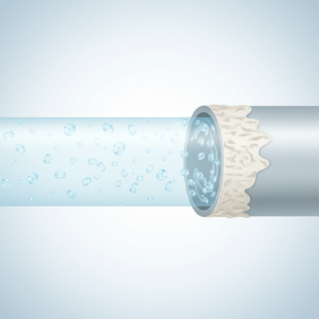 An infographic-style illustration depicting the process of limescale formation. On one side, clear water with microscopic mineral particles flows into a pipe. As the image progresses towards the other side, these particles are shown adhering to the inner walls of the pipe, gradually building up to form a rough, uneven layer of white-grey scale, visibly narrowing the pipe's internal diameter and restricting flow. Use a soft, illustrative style with clear visual progression and subtle color gradients.