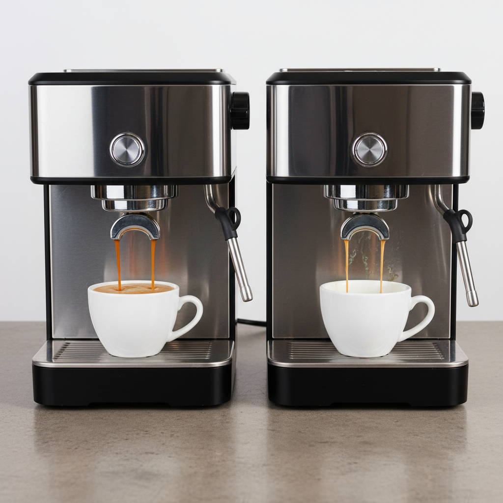 A professional, well-lit photo from an overhead perspective, showcasing two identical coffee cups and their respective coffee machines. On the left, a vibrant stream of rich, dark coffee pours quickly into a cup from a sleek, clean machine. On the right, only a weak, slow trickle of paler coffee struggles to exit the spout of an identical machine, implying internal obstruction and inefficiency due to limescale. The focus is on the dramatic contrast of liquid flow and quality.