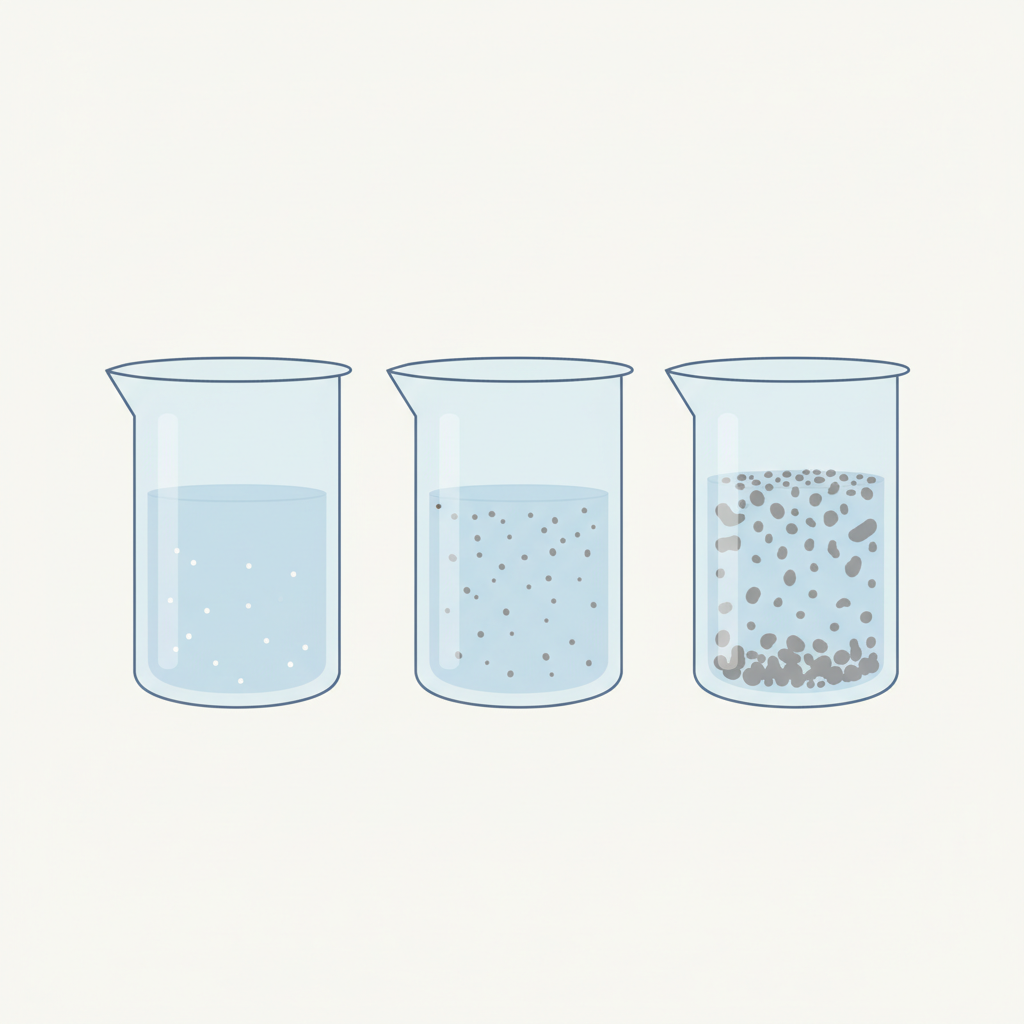 A clean, flat illustration showing three stylized transparent containers or beakers, each representing a different water hardness level. The first container is almost entirely clear, with only a few tiny dots (soft water). The second contains a moderate amount of small, dispersed grey mineral specks (medium hard water). The third container is dense with numerous, larger grey mineral specks, perhaps showing some settling at the bottom, indicating very hard water. The background is simple and bright.