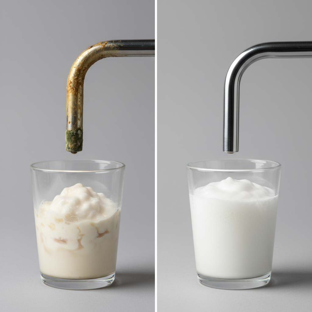 A split image showing a coffee machine's milk frother. On one side, the frother is visibly dirty with dried, yellowish milk residue, possibly a few specks of mold, and unappetizing, curdled milk foam in a glass next to it. On the other side, the same frother is sparkling clean, chrome polished, and produces a perfect, creamy, white milk foam in a clear glass. The overall style is realistic, professional studio photography, highlighting the stark contrast.