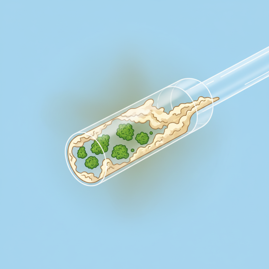 A detailed infographic-style illustration depicting a cross-section of a translucent tube representing a coffee machine's milk frothing line. Inside the tube, there are stylized green bacterial colonies clustering, along with hardened, off-white milk fat and protein deposits clinging to the inner walls, partially obstructing the flow. A faint, unpleasant aura could emanate from the dirty section. The background is simple and clean.