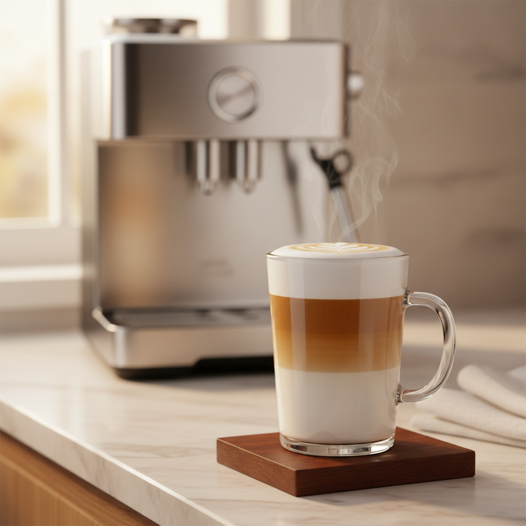 A professional photo of a perfectly prepared latte macchiato or cappuccino, showcasing beautiful latte art (e.g., a heart or rosetta) in a stylish glass mug. In the background, slightly out of focus, is a sleek, modern automatic coffee machine looking pristine and well-maintained. The scene evokes warmth, quality, and the pleasure of a perfectly brewed, hygienic coffee experience.