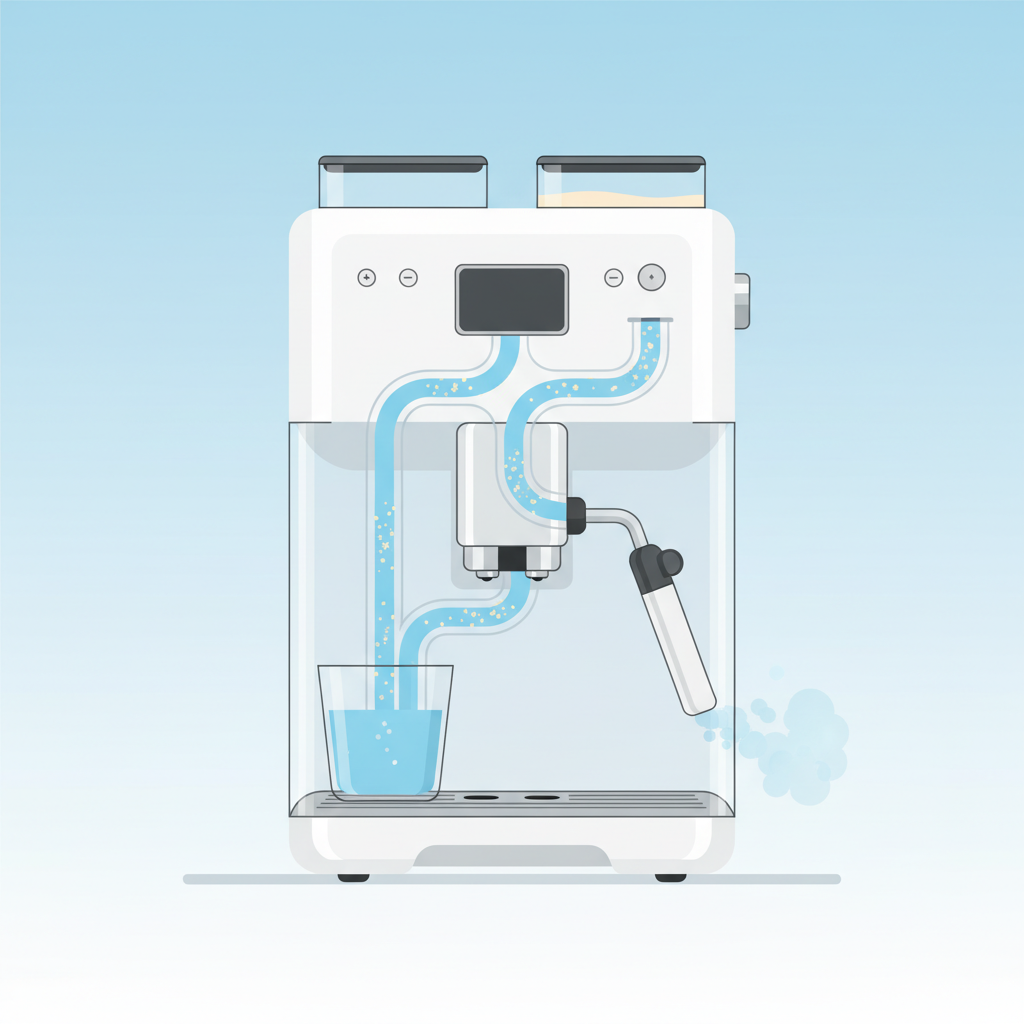 A clean, flat illustration showing a stylized automatic coffee machine from a slightly elevated angle, focusing on its milk system components. Transparent tubes illustrate the internal pathways. Gentle, flowing blue liquid (representing water or cleaning solution) with small bubbles is depicted moving through these pathways, effectively washing away abstract, light-yellowish residue particles. The design is modern, simple, and conveys the idea of thorough cleaning.